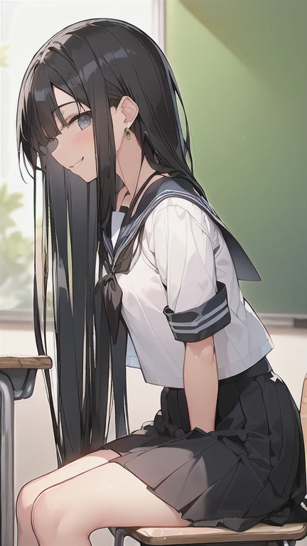 (Beautiful black hair:1.6),Long Hair,(Straight hair:2.0),high school girl,((boyish:1.8)),Dark Eyes,(tall),(scrawny),((A confident smile)),Medium Bust,(golden circle earrings),(Navy Blue,Cute Sailor Uniform,Checkered Pleated Skirt),BREAK,(classroom,class,Sit on a chair),Shooting from the side,(look at viewer:1.2),profile,