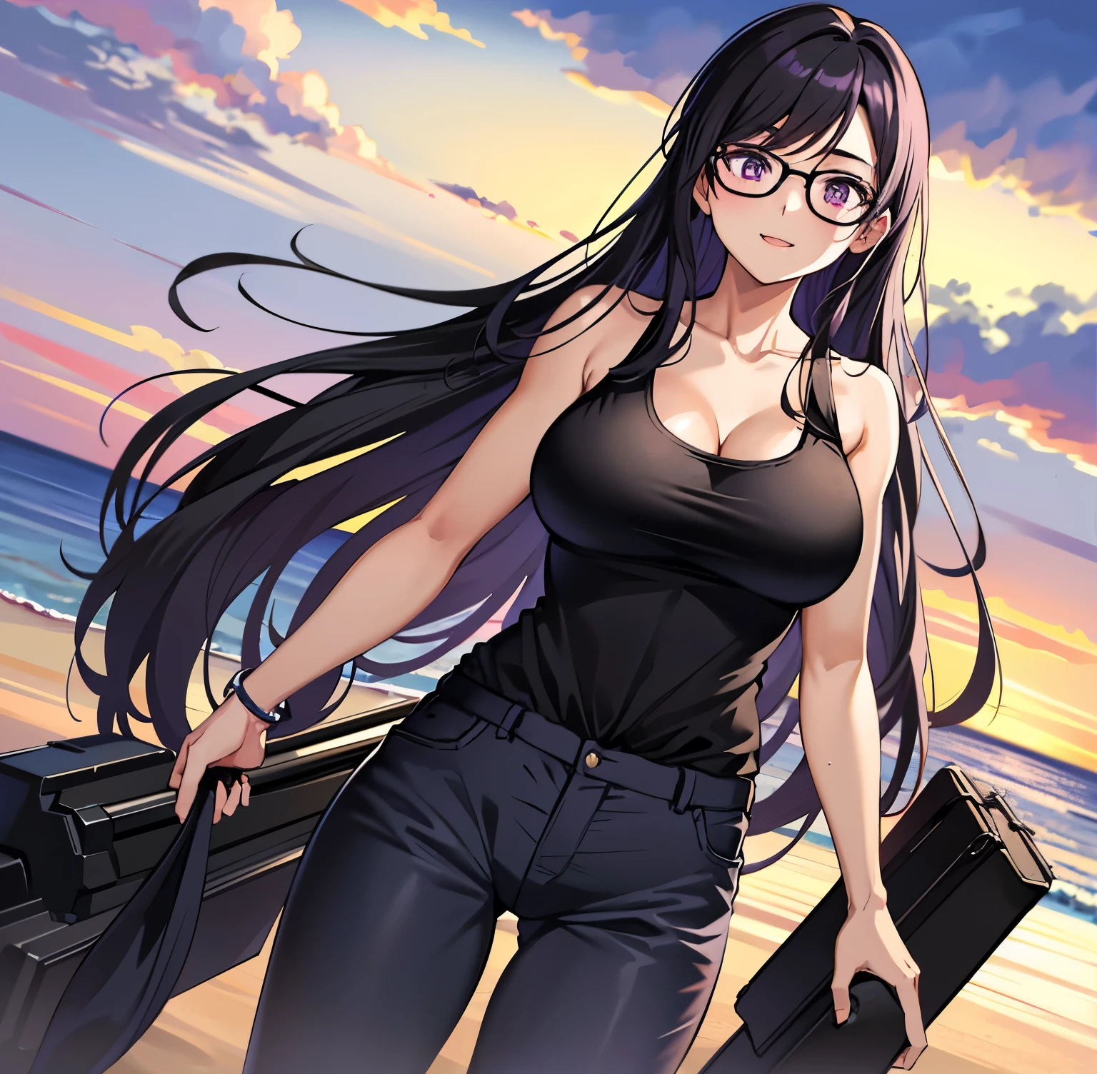 1girl,alone, hizuru minakata, long hair, black hair, black glasses, purple eyes, smiling, seductive, night, outdoors, beach, black tank top, cleavage, tight blue jeans, big breasts, medium waist, medium hips , wide thighs, looking at viewer, pov (from below), standing,