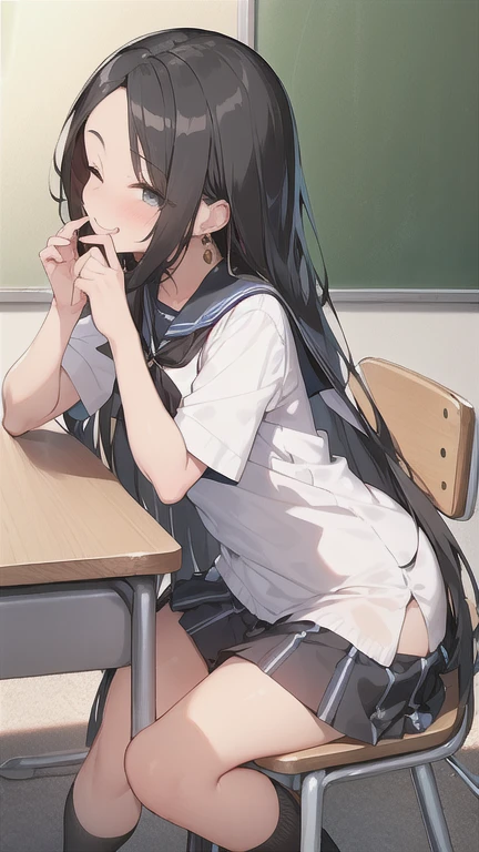 (Beautiful black hair:1.6),Long Hair,(Straight hair:2.0),high school girl,((boyish:1.8)),Dark Eyes,(tall),(scrawny),((A confident smile)),Medium Bust,(golden circle earrings),(Navy Blue,Cute Sailor Uniform,Checkered Pleated Skirt),BREAK,(classroom,class,Sit on a chair),Shooting from the side,(look at viewer:1.2),profile,one eye closed,nsfw,Blow Pose