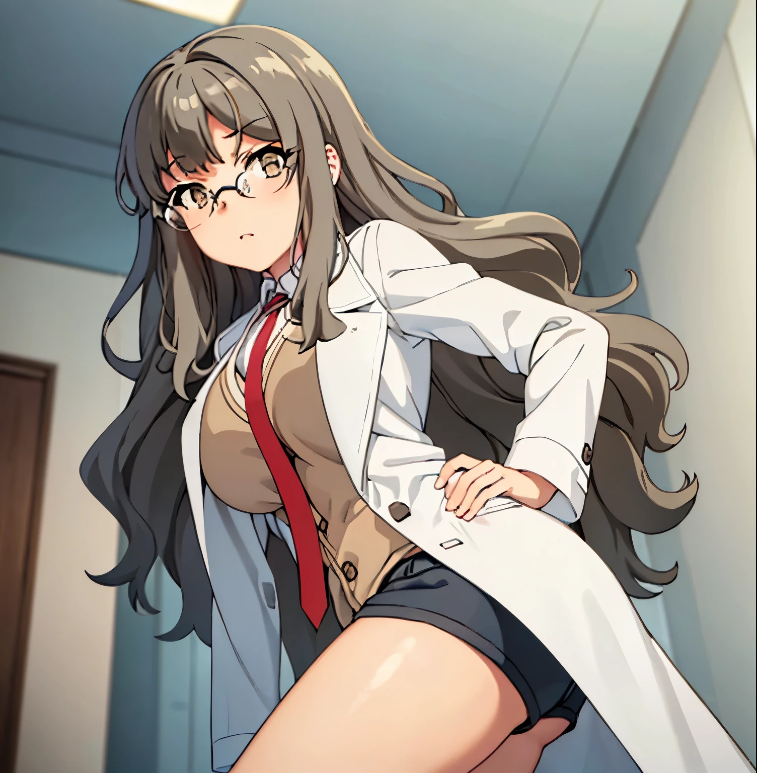 1girl,alone,rio futaba,masterpiece,best quality,realistic, (facing viewer: 1.2), front, pov (from below), indoors, chemistry room, detailed background, heavy breathing, blushing nose, (cheerful:1.1), long_hair, brown_hair, brown_eyes, glasses, Masterpiece,sexy body,ultra detailed,huge breasts, medium waist, wide hips, medium thighs, round butt , White coat, open coat, black shirt, tank top, neckline, blue shorts, short shorts, perfect anatomy, perfect hands