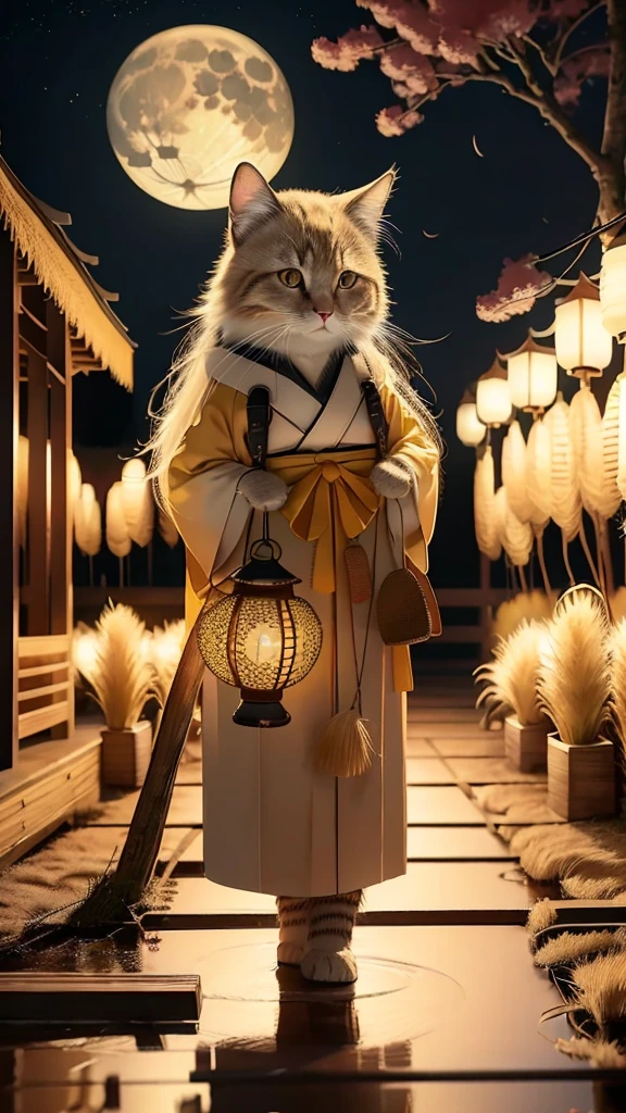 HDR,UHD,8K,Highly detailed,realistic,photo-realistic:1.37),best quality,masterpiece,maomi,lovely,night,lantern,japanese clothing,beautiful detailed pampas grass field, open hakama, surrounded by floating sakura, yellow full moon, beautiful detailed dark midnight sky, messy white long hair,