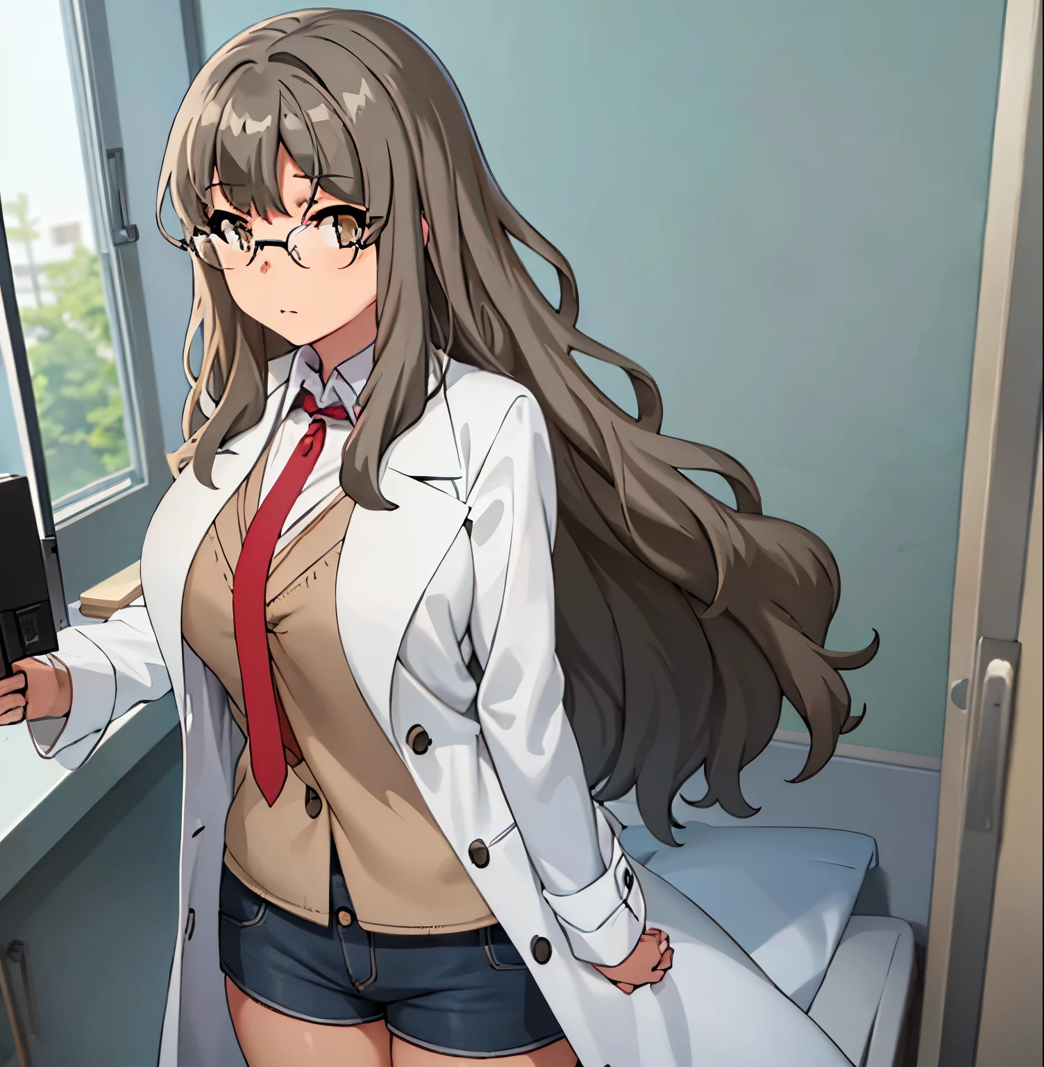 1girl,alone,rio futaba,masterpiece,best quality,realistic, (facing viewer: 1.2), front, pov (from below), indoors, chemistry room, detailed background, heavy breathing, blushing nose, (cheerful:1.1), long_hair, brown_hair, brown_eyes, glasses, Masterpiece,sexy body,ultra detailed,huge breasts, medium waist, wide hips, medium thighs, round butt , White coat, open coat, black shirt, tank top, neckline, blue shorts, short shorts, perfect anatomy, perfect hands