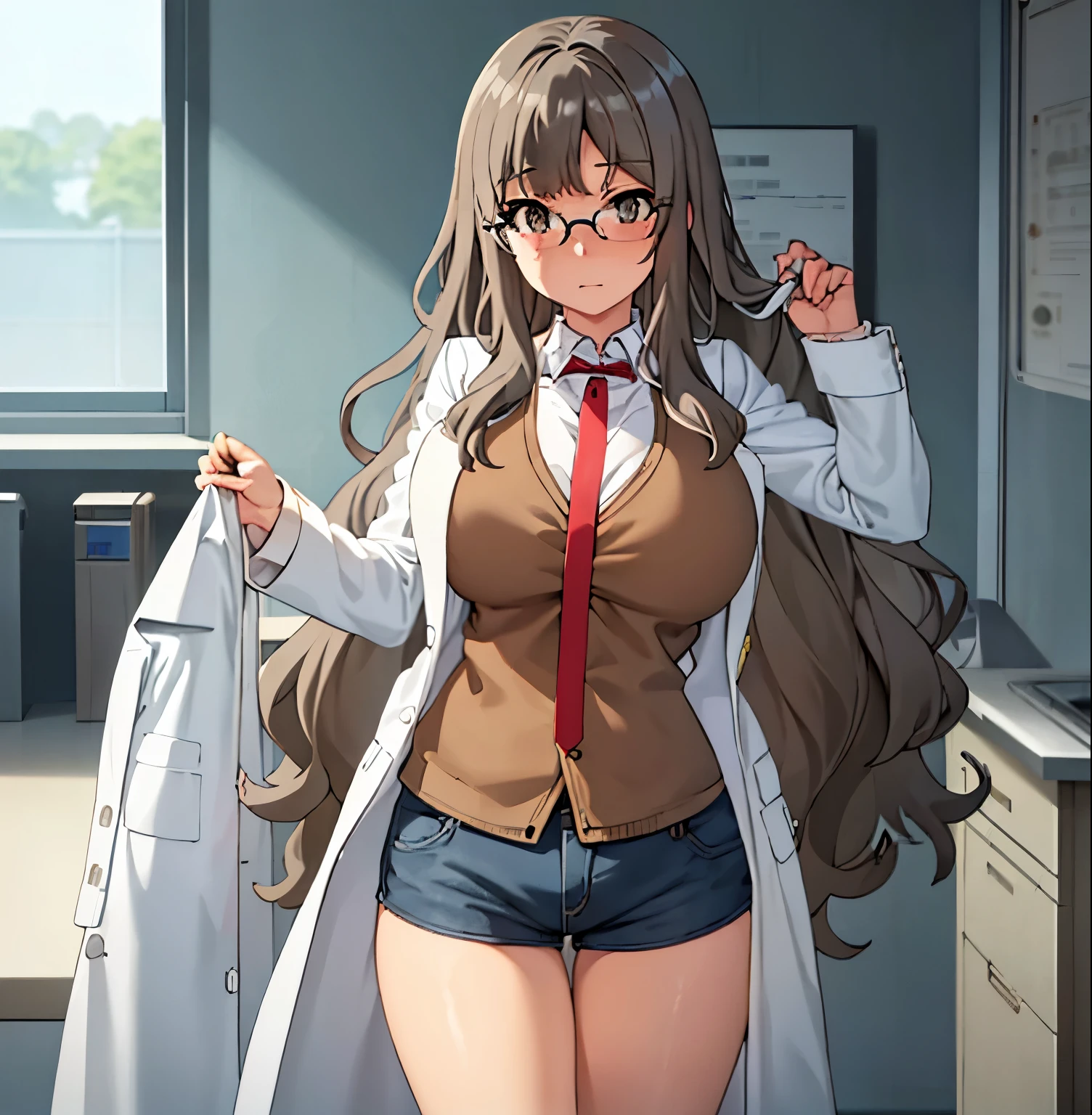 1girl,alone,rio futaba,masterpiece,best quality,realistic, (facing viewer: 1.2), front, pov (from below), indoors, chemistry room, detailed background, heavy breathing, blushing nose, (cheerful:1.1), long_hair, brown_hair, brown_eyes, glasses, Masterpiece,sexy body,ultra detailed,huge breasts, medium waist, wide hips, medium thighs, round butt , White coat, open coat, black shirt, tank top, neckline, blue shorts, short shorts, perfect anatomy, perfect hands