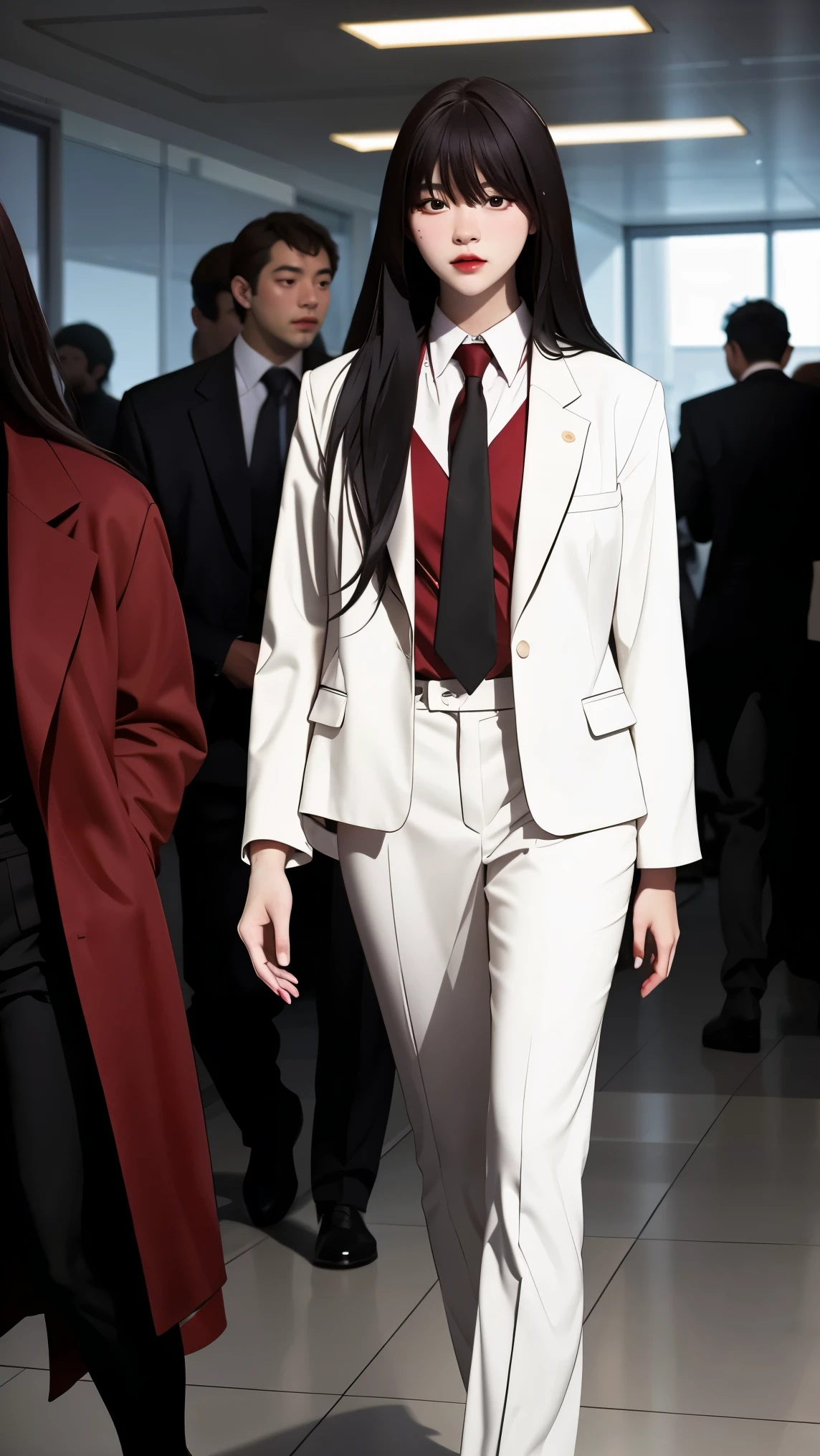 masterpiece, high quality, depth of field, dramatic light, best shadow, best illumination,  8k, beautiful lighting, best quality, high res, female focus, Jiyoung Yoo, 1girl, solo, black hair, long hair, white office suit, red jacket,   