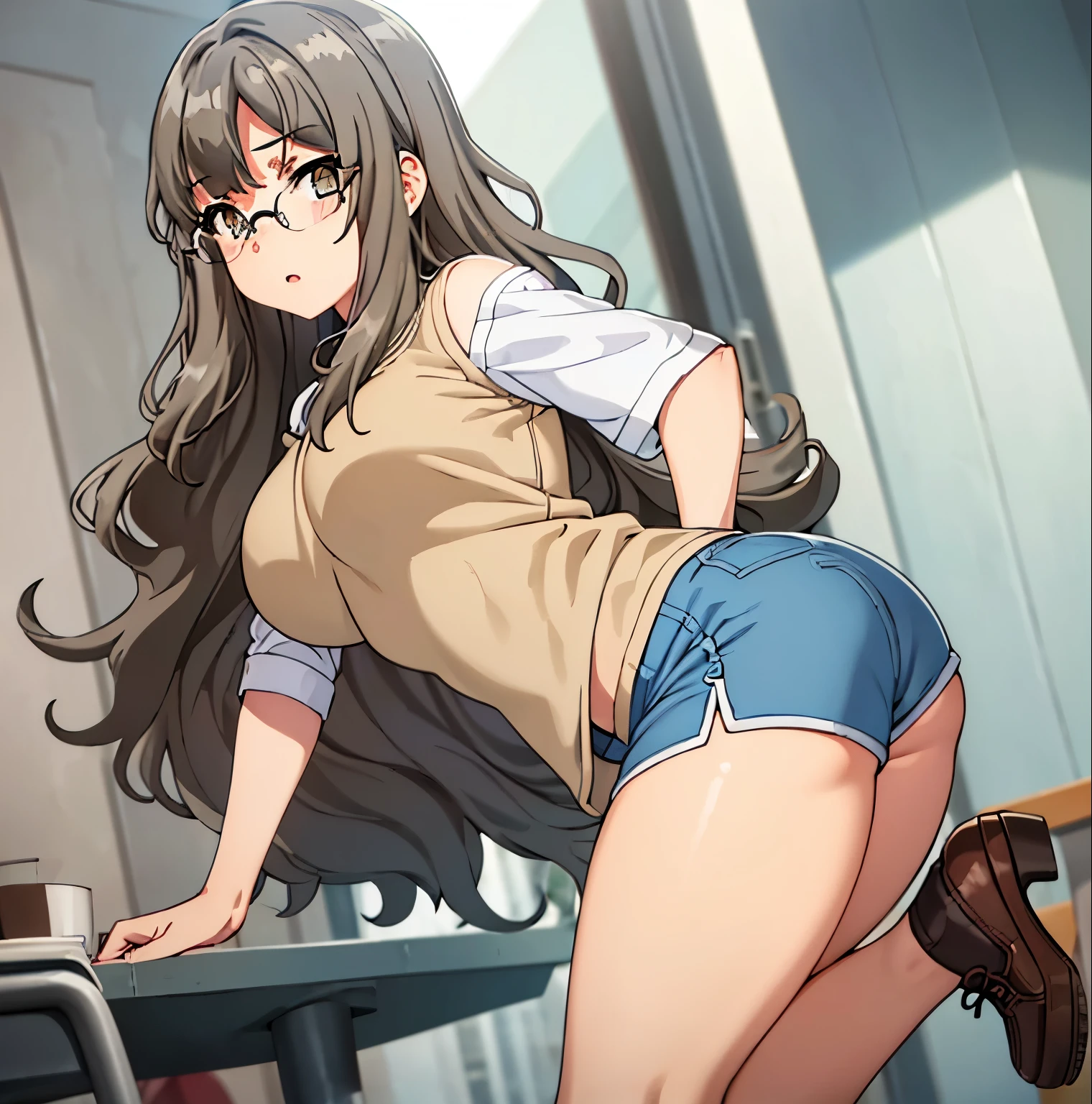 1 girl, alone, futaba rio, masterpiece, best quality, realistic, (facing viewer: 1.2), front, point of view (from below), exterior, city, street, standing, detailed background, heavy breathing, blush nose, ( perky: 1.1), long hair, brown hair, brown eyes, glasses, masterpiece, ultra detailed, sexy body, huge breasts, medium waist, wide hips, medium thighs, round butt, (tight beige blouse: 1.4 ), short sleeves, off-the-shoulder neckline, exposed waist, (blue shorts: 1.4), brown shoes, perfect anatomy, perfect hands