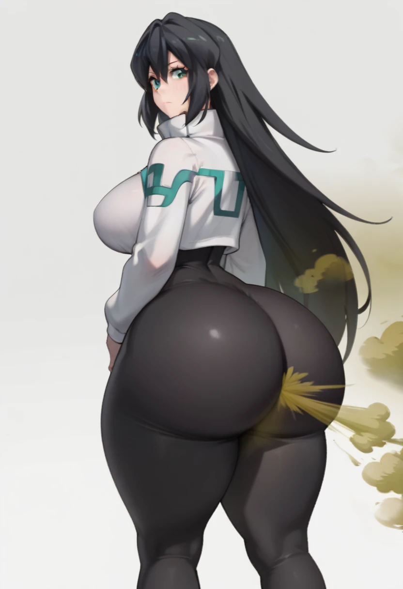 Highest quality, masterpiece, High Resolution, 1 girl, May, Ass, hyper Ass, huge Ass, big ass, wide hip, gbd_may, 1girl, aqua eyes, long hair, black hair, very long hair, bangs, large breasts, green eyes, shrug (clothing), white breast black bodysuit,  fart, farting, yellow_smoke, yellow_gas, sprays,