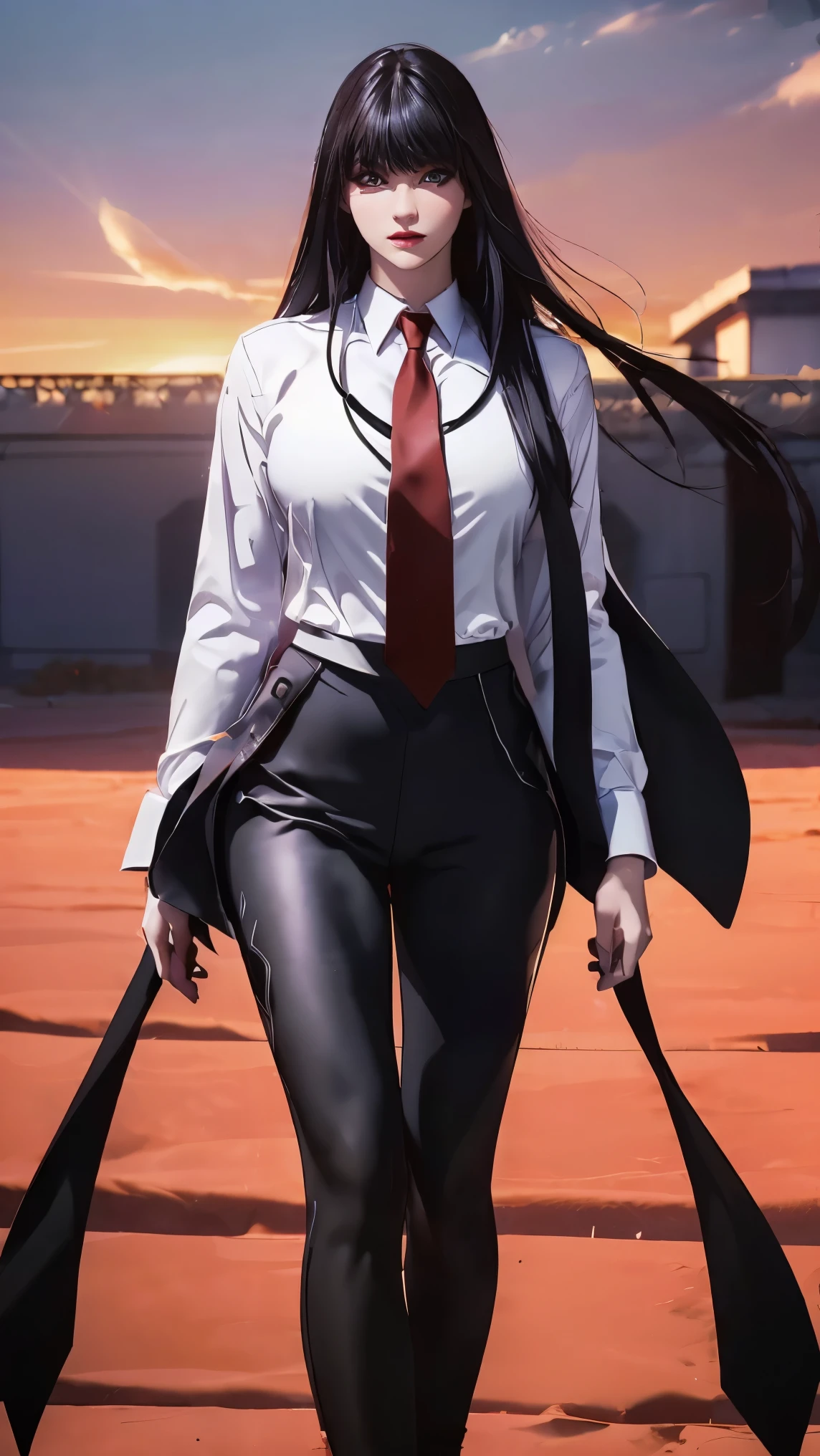 ((Masterpiece, best quality, very detailed), Volumetric light, surrounding occlusion, Rich and colorful, glow), 1 woman, lonely, young girl, (Black bangs), long hair, radius, sacred, goddess, CEO vibe, (Black suit, White shirt with Red necktie:1.3), armor, outdoor, sunset, sky, cloud, space, (Fantasy Theme:1.2),