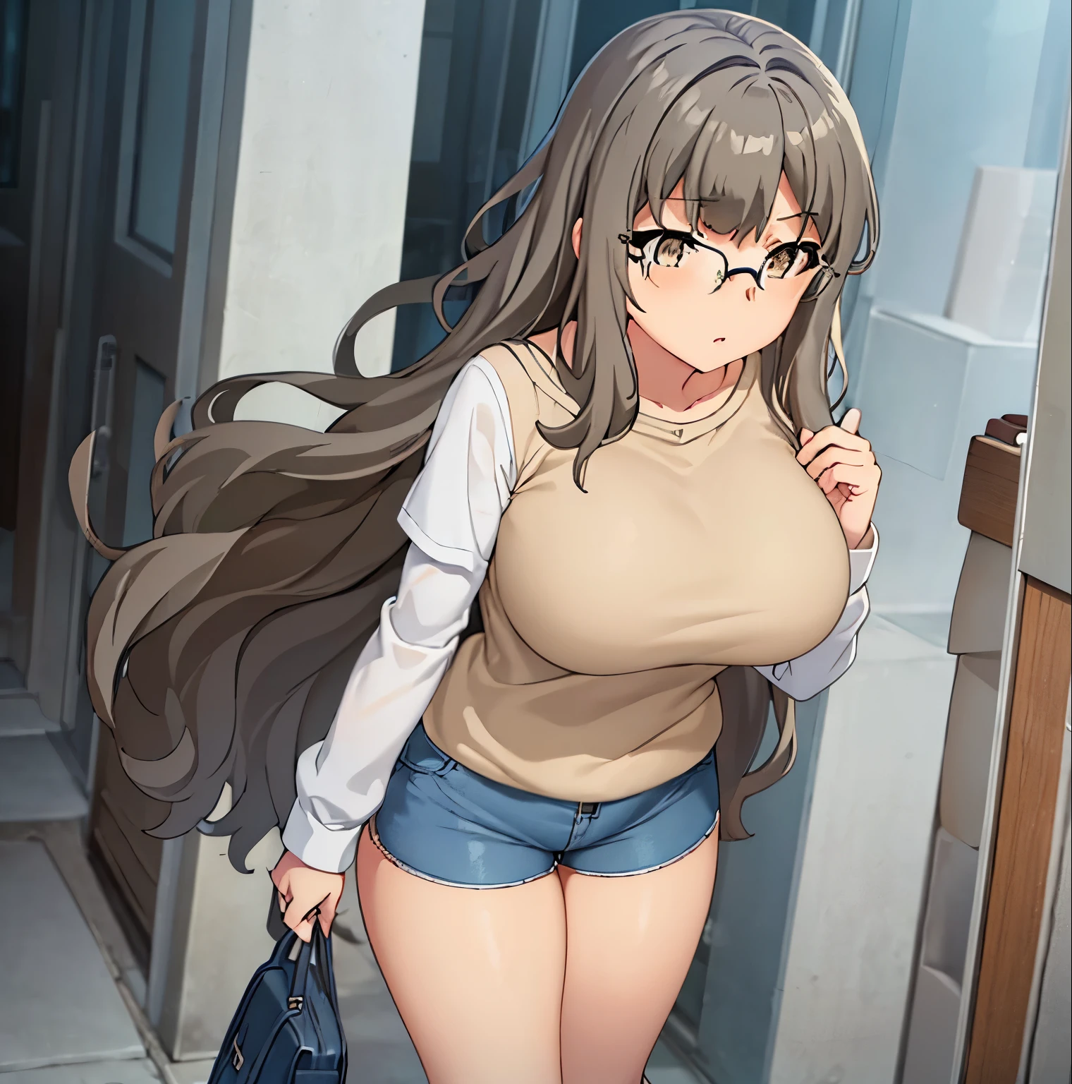 1 girl, alone, futaba rio, masterpiece, best quality, realistic, (facing viewer: 1.2), front, point of view (from below), exterior, city, street, standing, detailed background, heavy breathing, blush nose, ( perky: 1.1), long hair, brown hair, brown eyes, glasses, masterpiece, ultra detailed, sexy body, huge breasts, medium waist, wide hips, medium thighs, round butt, (tight beige blouse: 1.4 ), short sleeves, off-the-shoulder neckline, exposed waist, (blue shorts: 1.4), brown shoes, perfect anatomy, perfect hands