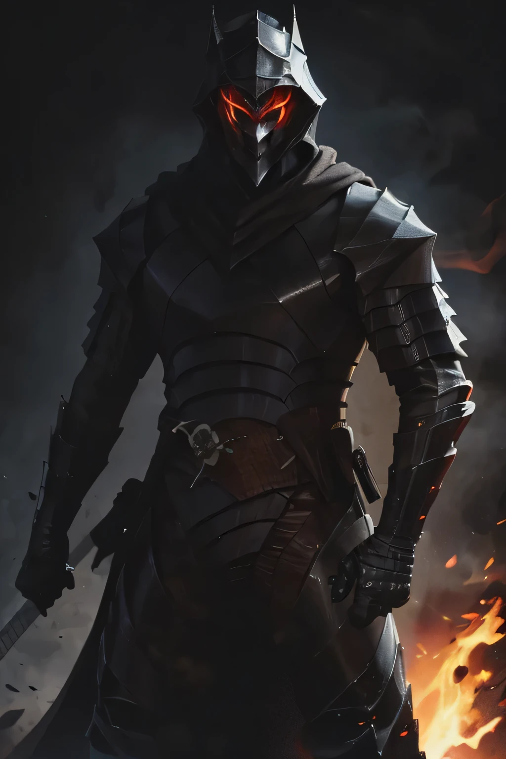 a knight using a katana in his right hand, armor black, wearing hood, white hair, yellow eyes, looking at the camera, gloomy background, dark fantasy,