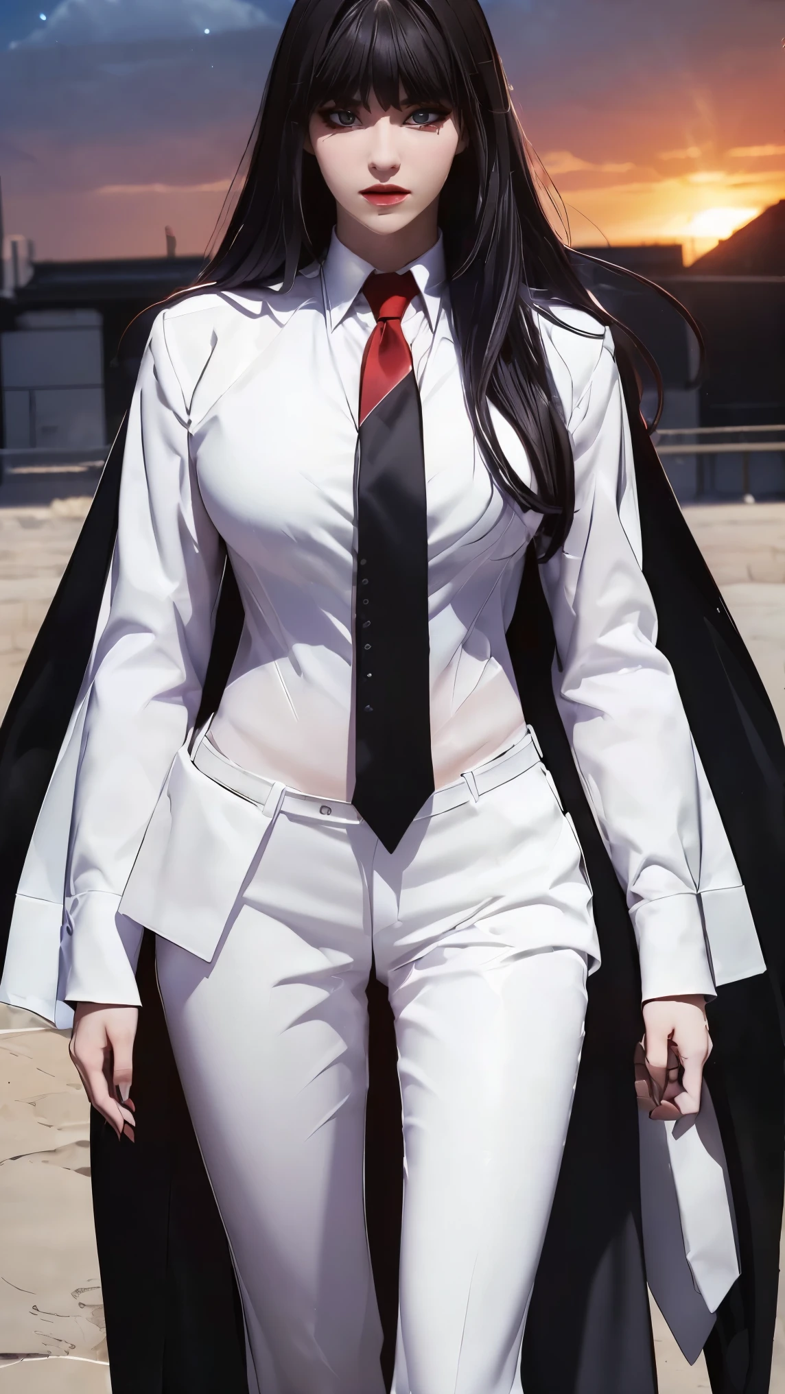 ((Masterpiece, best quality, very detailed), Volumetric light, surrounding occlusion, Rich and colorful, glow), 1 woman, lonely, young girl, (Black bangs), long hair, radius, sacred, goddess, CEO vibe, (Black suit, White shirt with Red necktie:1.3), armor, outdoor, sunset, sky, cloud, space, (Fantasy Theme:1.2),