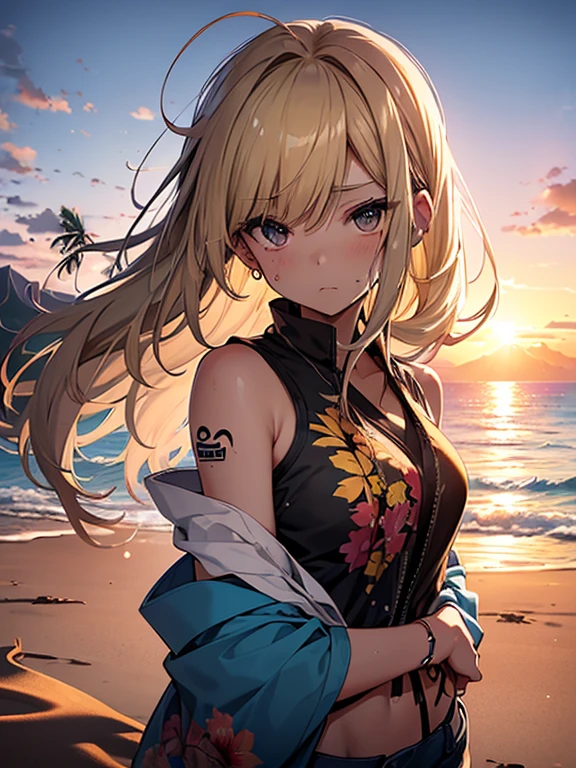 最high quality、best image quality、masterpiece、teenage girl((18-year-old、 By becoming、vest bust、medium bust,wide open breast tea、black eye, blonde hair、Habitual hair、long hair、thin,highest valley、blue shorts、attractive face、heart tattoo、black aloha shirt、physical education sitting、sweating、like、Stay close to your audience、leaning forward、hair blowing in the wind)),high quality、beautiful art、background((Hawaii、Waikiki、Palm tree、beach、sunset))debris flies、Depth of written boundary、movie、visual art、perfect art、8K,genuine
