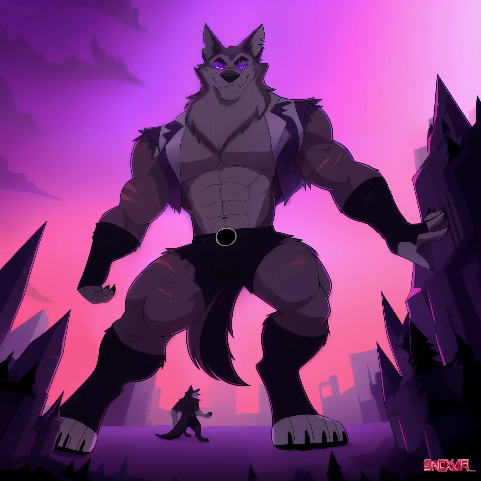 detailed background, vortex \(helluva boss\), hellhound, grey body, grey fur, vortexgoetia, male, solo, absurd res, digitigrade, scar, vortexdrip, tribal clothes, hypnotized with completely spyral glowing purple eyes with no irises or pupils, muscular, macro