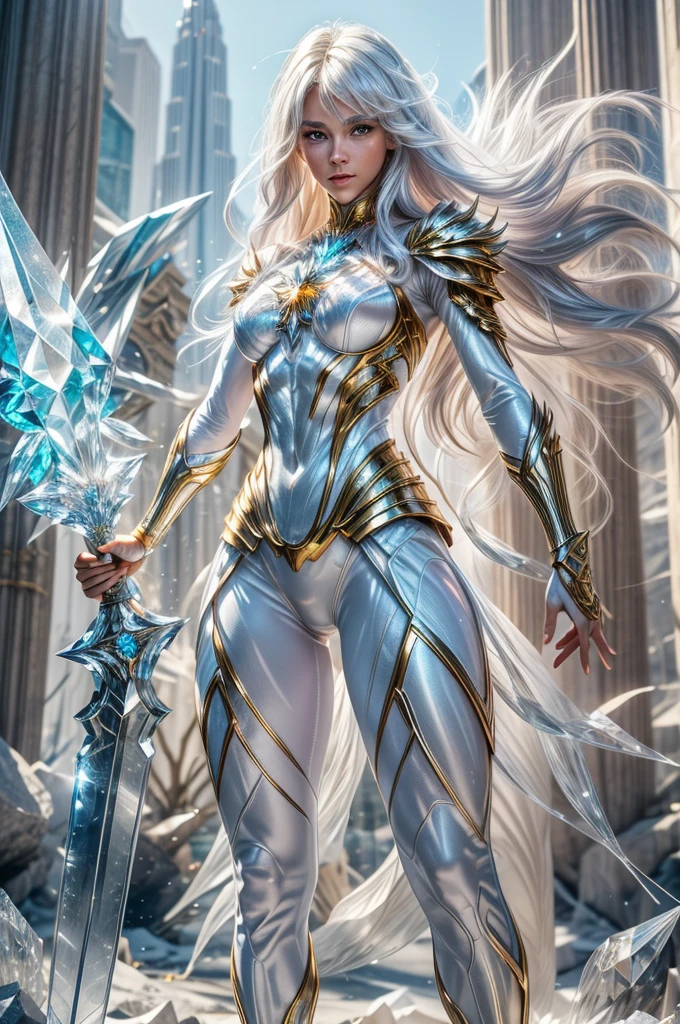 -"Ultra-realistic full body photo in 8k quality, digital photo mode, crystal-themed female character, long white hair shining like sunlight, bright eyes, wearing radiant crystal armor with crystal emblems, holding a sword with a shining crystal design, standing in a crystal ruin temple with colorful light streaming in, radiant skin, bold and courageous expression, full body, dynamic pose, life-size, perfect anatomy, detailed skin texture, full HD, 8K, HDR, perfect anatomy, depth of field.