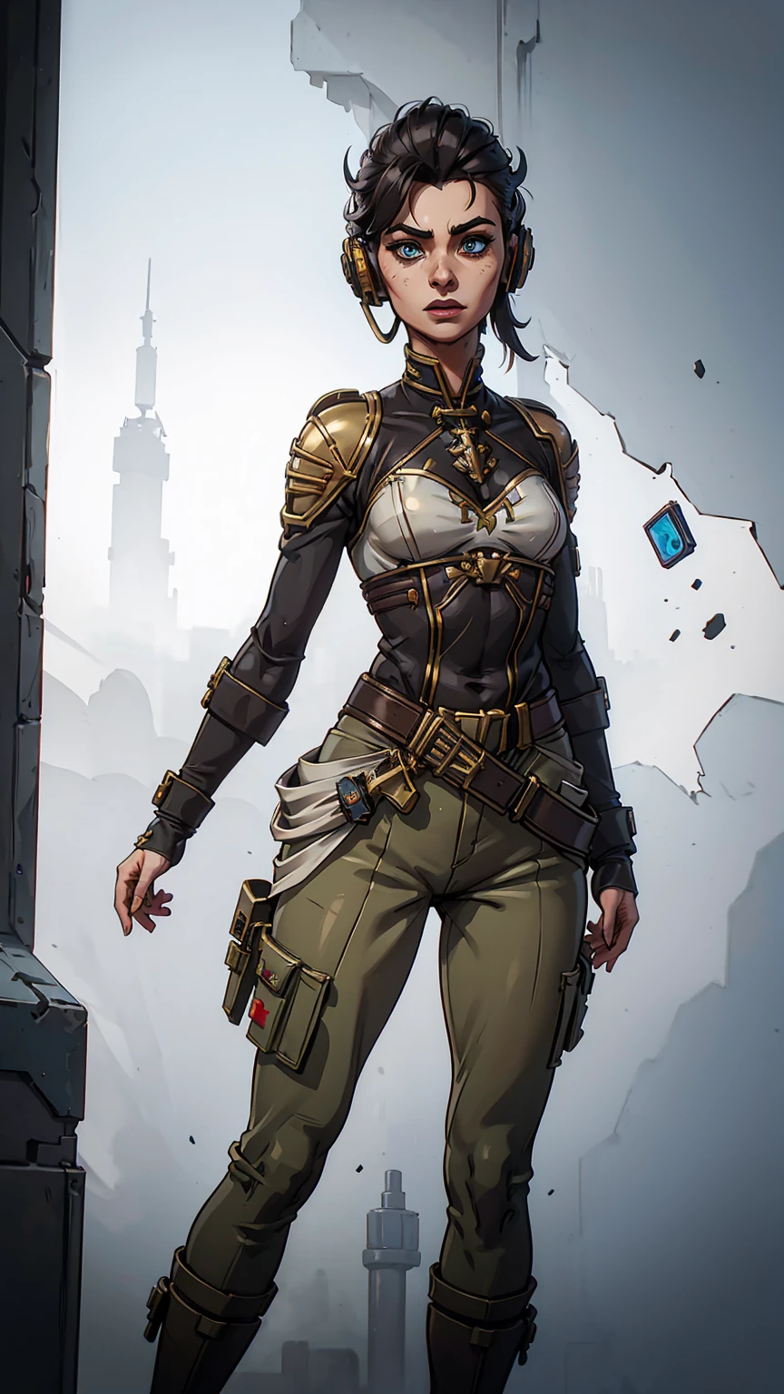 female, uniform wearing si-fi soldier, heavy breastplate, flat chest, small breasts, futuristic, grimdark, soldier shoulder pads, warhammer, military insignia, military service ribbon, (military style tactical (communications headset)), (Datapad), (()), frontal image, plain white background, standing