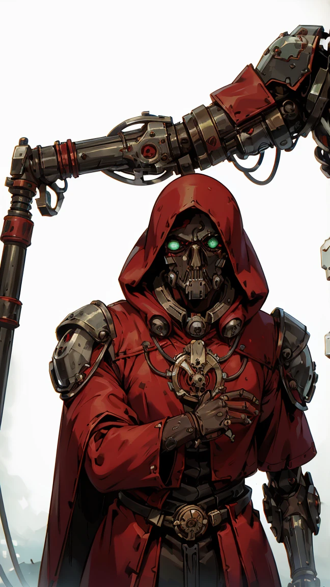 frontal view of an adeptus mechanicus robotic techno-priest, multiple arms, washed up red flowing modest ornate hooded techno-priest robes (made from black circuit board), face-covered, techno-mask, mechanical tentacle arm, mechanical green eyes, half skull, cogs, rust, dirty red robes, asymetrical body, respirator, massive backpak, 8k, lot of detail, grimdark, MechanicusStyleAI, (((((upper body portrait)), male, frontal view, plain white background, standing)))