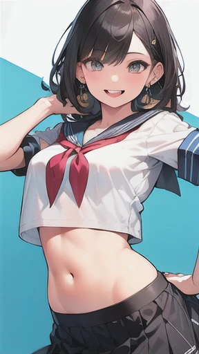 a beautiful girl with long, straight black hair, a confident smile, a slender figure, and medium bust, wearing a cute sailor uniform with a checkered pleated skirt, a crop top revealing her navel, and golden circle earrings, looking boyish and graceful, 8k, high quality, realistic, photorealistic, detailed facial features, detailed eyes, extremely detailed face, physically-based rendering, professional, vivid colors