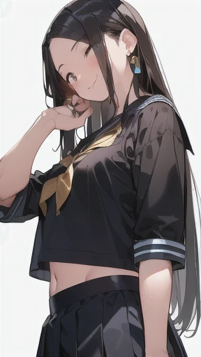 (Beautiful black hair:1.5),Long Hair,(Straight hair:1.8),(Trimmed hair ends),high school girl,((boyish:1.8)),Dark Eyes,(tall),(scrawny),((A confident smile)),Medium Bust,golden circle earrings,BREAK,(Navy Blue,Cute Sailor Uniform,Checkered Pleated Skirt),navel