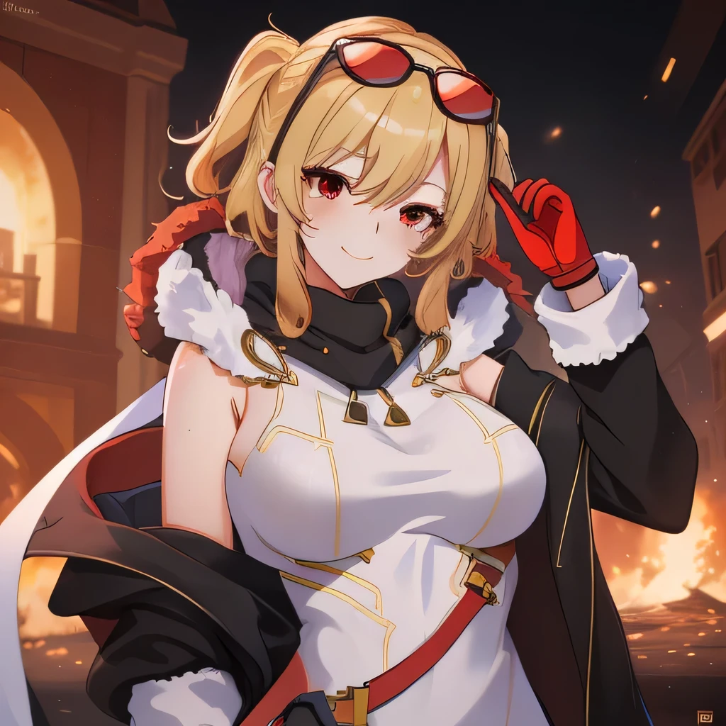 ((best quality)), absurdres, ((ultra high res)), kaela kovalskia, a woman in white dress and black coat, red eyes, blonde hair, gloves, extremely detailed, 8k, masterpiece,