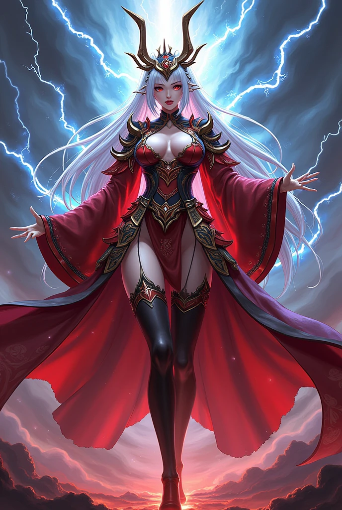 Ilyana, a giant 62 meter sorceress, emerges from a thunderstorm at dusk, her pale skin glowing with flashes of lightning. Her long silver hair falls in loose waves over her shoulders.. Naked and majestic, standing on a windswept hill, His posture is powerful and tempting., with one leg slightly forward and one hand raising a shiny staff, while the other caresses her thigh. His eyes, full of power and desire, They look at the tiny humans at their feet, mesmerized by their stormy presence. Her lips curved in an enigmatic smile and her voluptuous, sculpted body exude an aura of mystical eroticism., enveloping everyone present in a spell of submission and electric admiration.