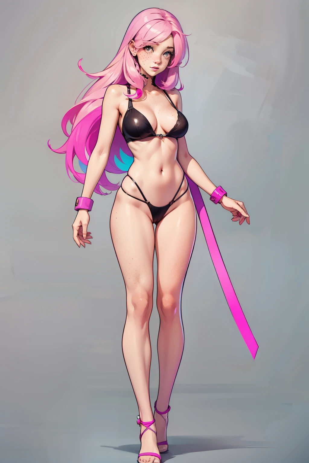 l1s4fr4nk Fr3ckles, freckles, pink  hair, medium breasts, long hair,  Eyes red, standing alone,multicolor