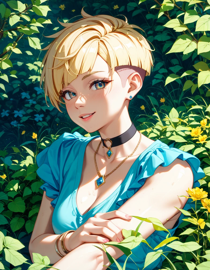 (Highest quality, 4K, 8k, High Resolution masterpiece:1.2), Very detailed, Picturesque, Anime-style photos, Photo Animation:1.37)、a beautiful girl、(blonde Hair)、(pixie cut)、tan、Black choker、pierce、necklace、bracelet、