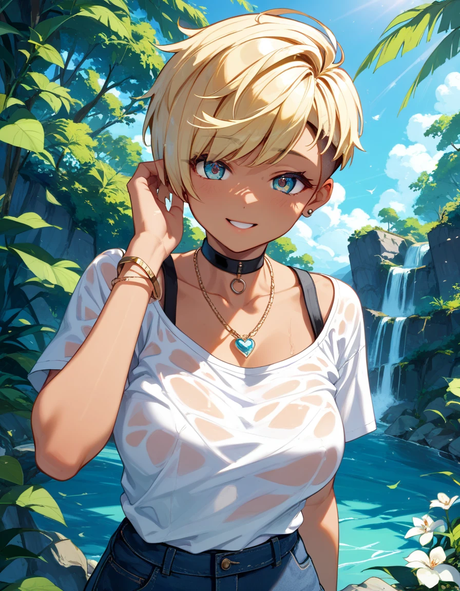 (Highest quality, 4K, 8k, High Resolution masterpiece:1.2), Very detailed, Picturesque, Anime-style photos, Photo Animation:1.37)、a beautiful girl、(blonde Hair)、(pixie cut)、tan、Black choker、pierce、necklace、bracelet、