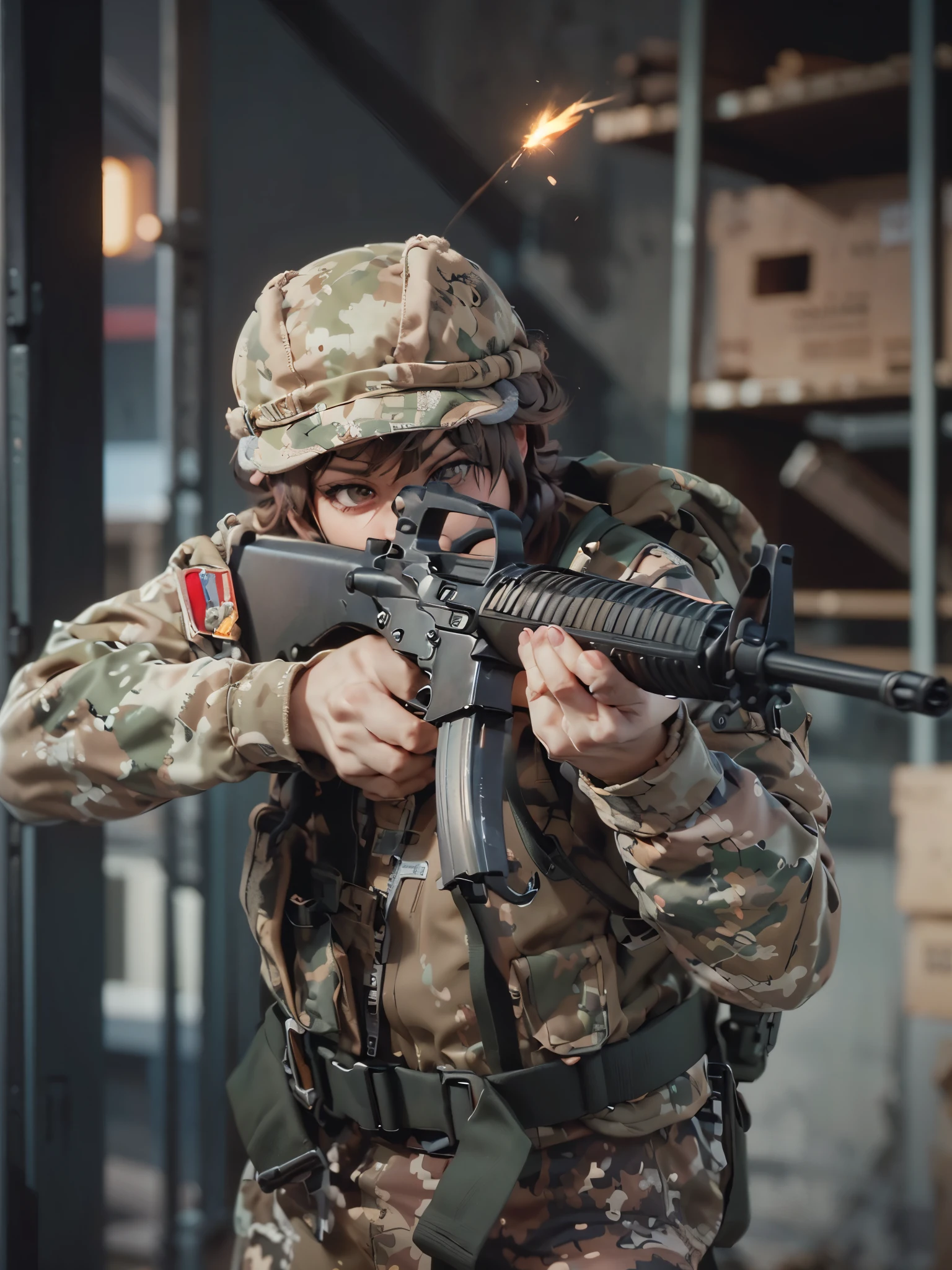 (masterpiece1.4), (best quality), 8K, 1girl, brown eyes, goggles, aiming, (assault rifle:1.1, muzzle flash), At the warehouse, Dynamic entries, Cinematic action, high quality, Ultra-detailed, fix eyes, fix hands