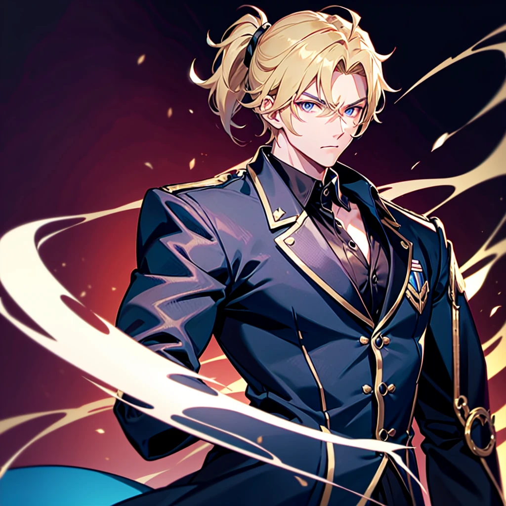 Anime attractive man, 20 year old, blonde hair, very very short ponytail, tall, muscular, solo, one person, dark blue high-collared dress shirt with rolled up sleeves, black choker, dark blazer with gold lining and buttons unbuttoned with rolled up sleeves, long dark overcoat with a fur trim, rolled up sleeves, rolled up sleeves, rolled up sleeves, rolled up sleeves muscular, masculine face.