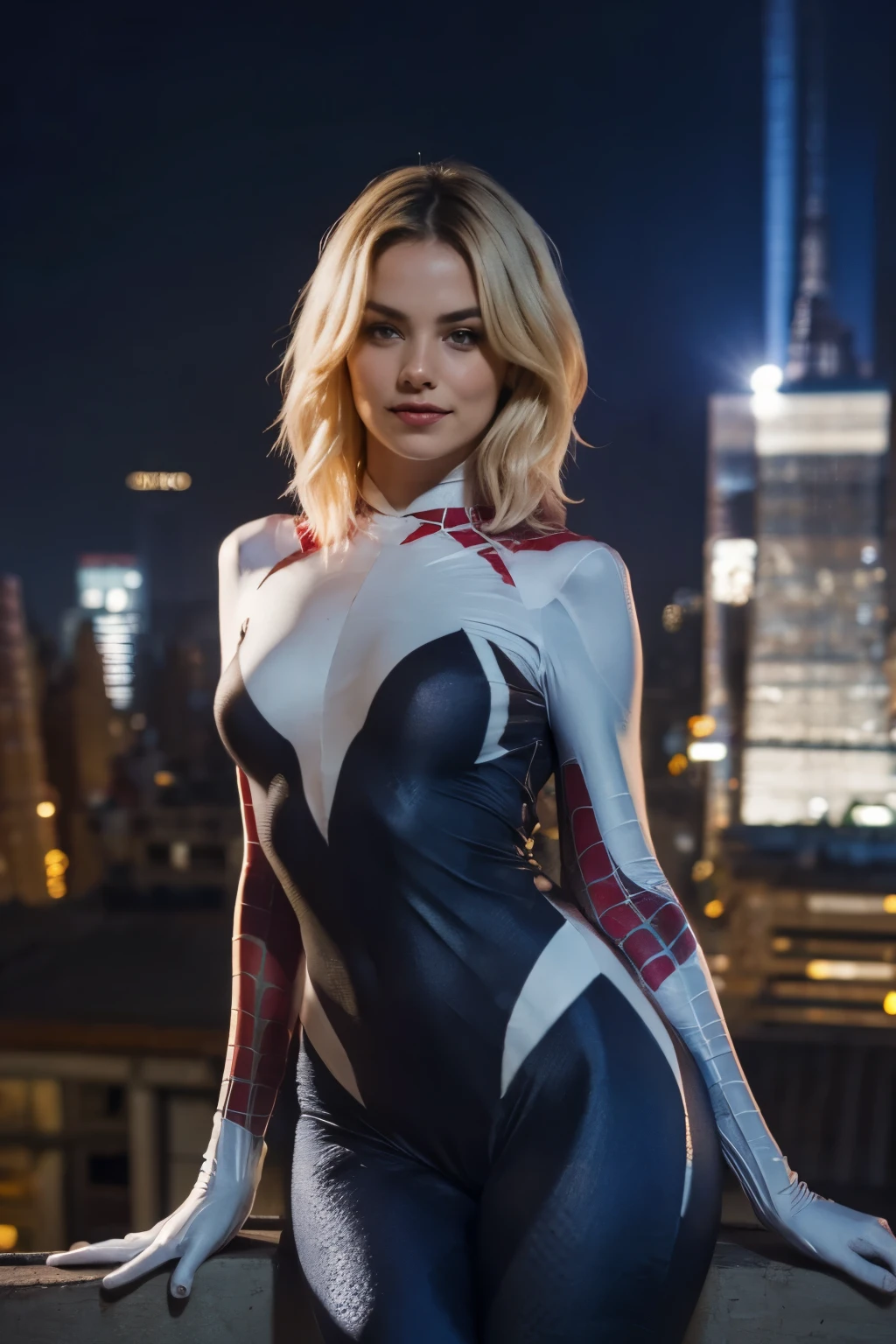 Photorealistic portrait of a 18 yo girl, wearing a Spider-Gwen suit, hot Body, short blunt hair, blonde, beautiful face, ((over the building, in sexy pose)), rain, roof, masterpiece, intricate detail, perfect anatomy. Realistic, highly detailed, photo, 4K, UHD. Natural lighting. ((( New York night background, Full moon))).