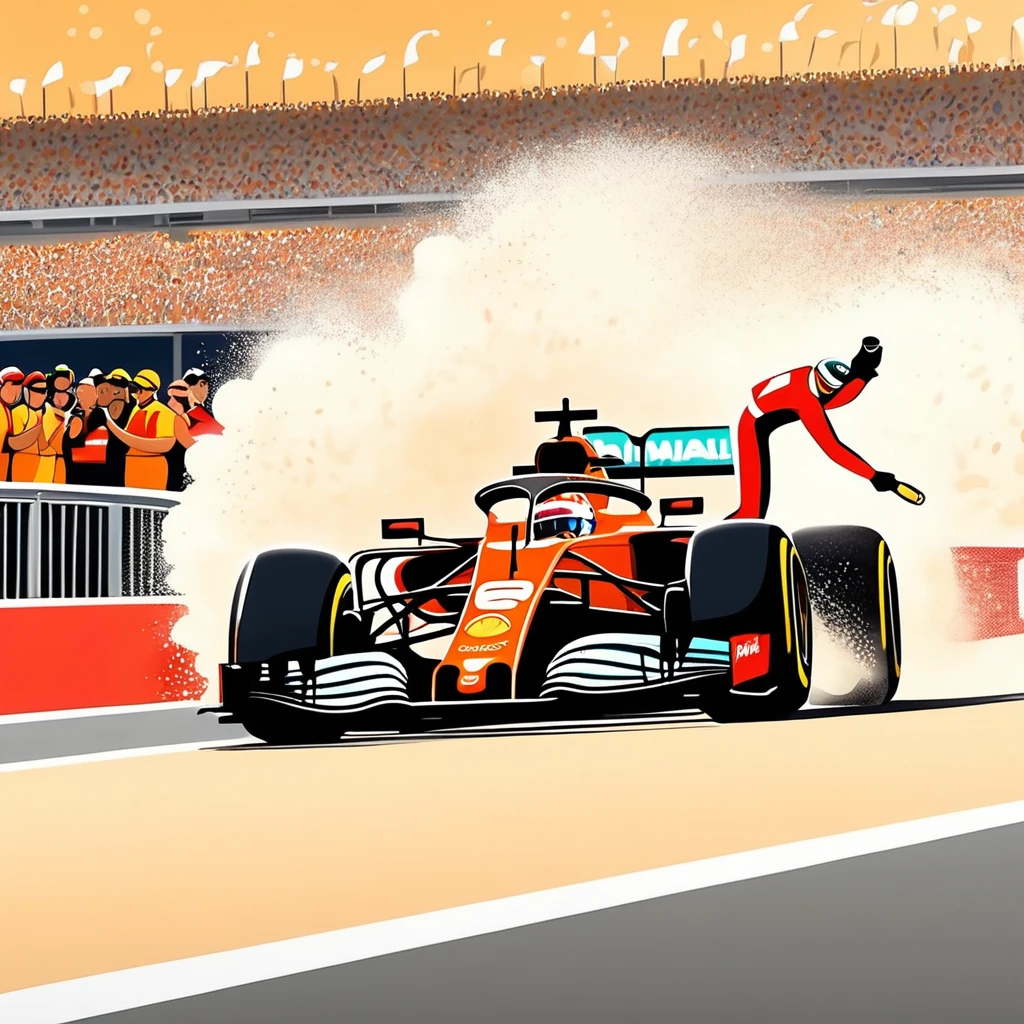 Formula 1 winner comes to the finish line. He is greeted with champagne. An animated movie