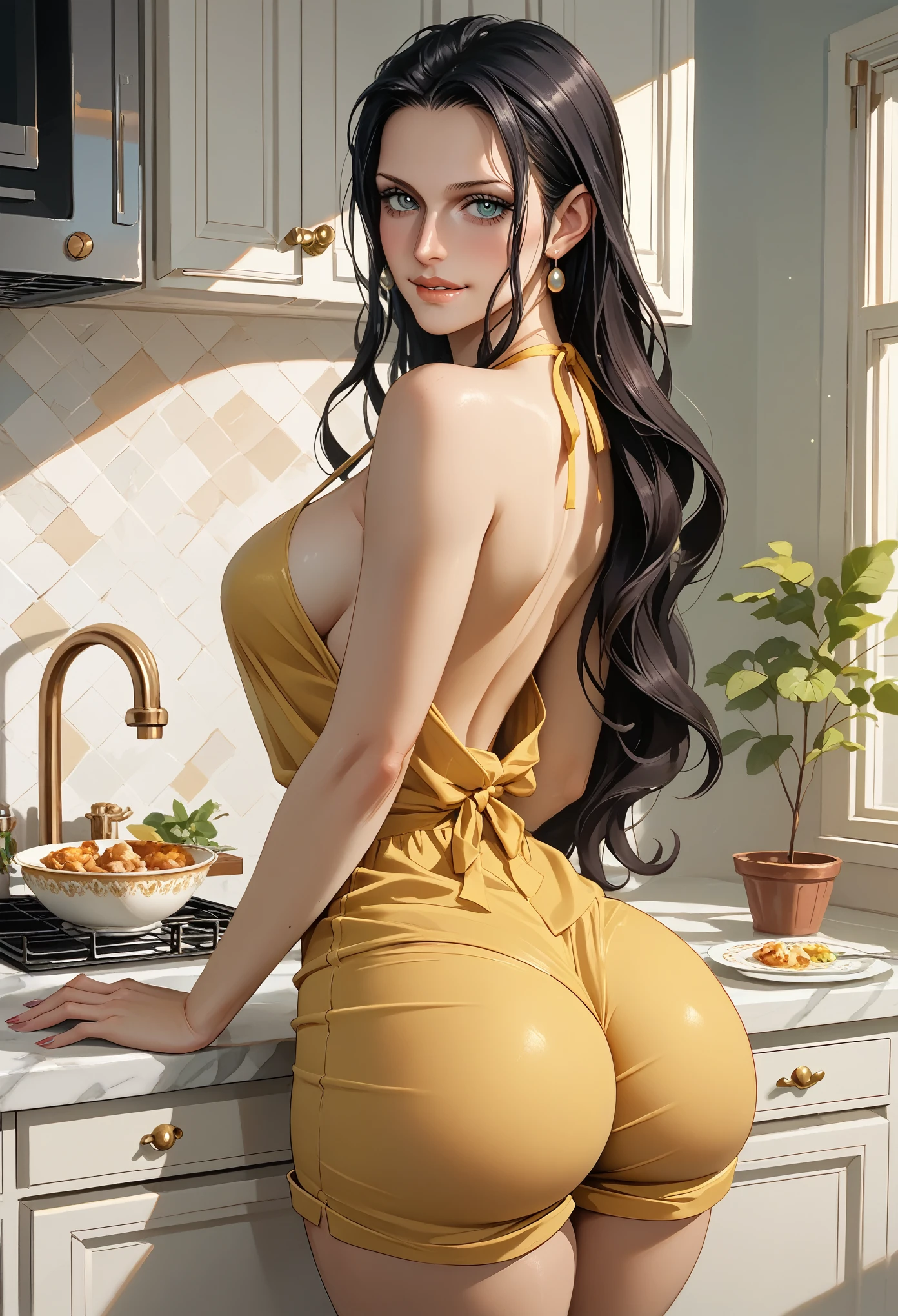 Masterpiece, raw, beautiful art, professional artist, 8k, very detailed face, very detailed hair, 1girl, Nico Robin wearing tight pajama shorts and tight pajama halter top, leaning her sexy ass against kitchen counter, perfectly drawn body, beautiful face, long hair, very detailed eyes, biting her lip suggestively, rosey cheeks, intricate details in eyes, looking straight at viewer , in love with viewer expression, puckered lips, fat ass,