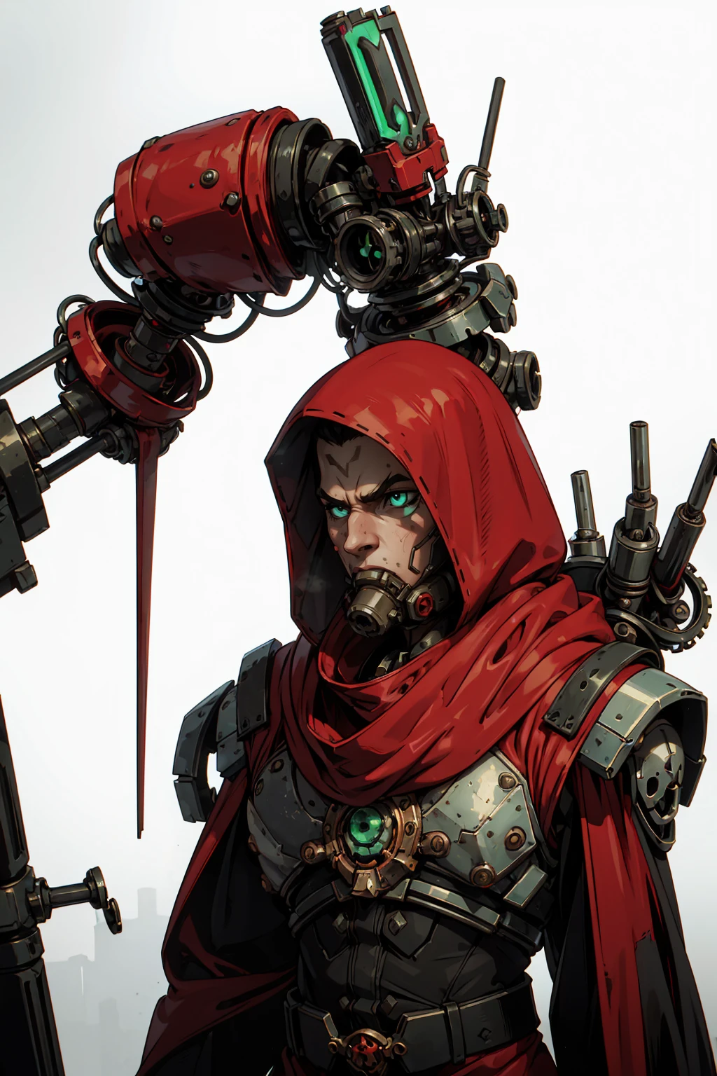 frontal view of an adeptus mechanicus robotic techno-priest, multiple arms, washed up red flowing modest ornate hooded techno-priest robes (made from black circuit board), face-covered, techno-mask, mechanical tentacle arm, mechanical green eyes, half skull, cogs, rust, dirty red robes, asymetrical body, respirator, massive backpak, 8k, lot of detail, grimdark, MechanicusStyleAI, (((((upper body portrait)), male, frontal view, plain white background, standing)))