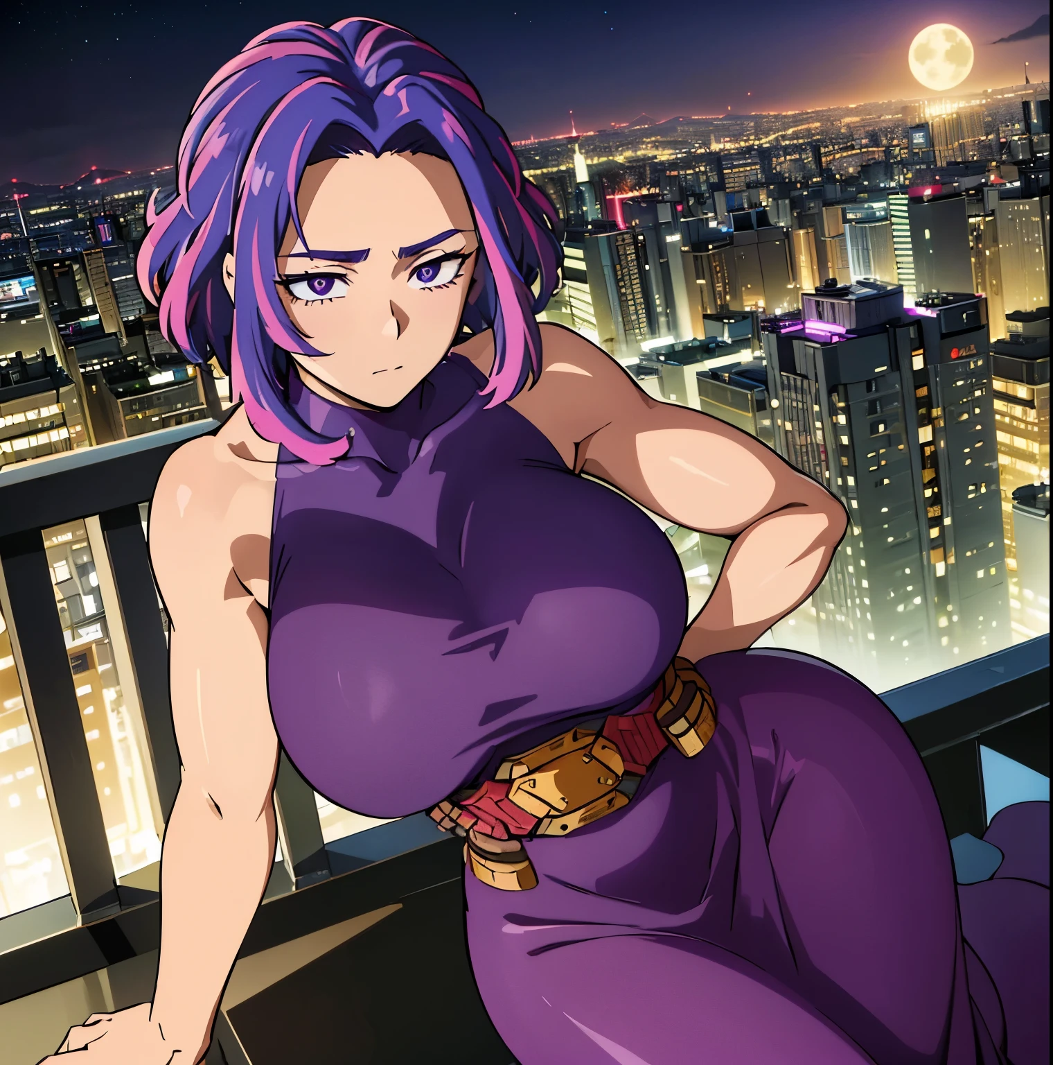 1girl, alone, lady nagant,(masterpiece, best quality, ultra detailed, beautiful illustration), atmospheric perspective, depth of field, looking at viewer, beautiful detailed eyes, anime eyes:1.4, (portrait), sexy pose, dynamic angle, (outdoors, night, giant moon, tokyo, metropolis), 1girl, neutral expression, mature woman, (huge breasts, huge ass, wide hips),  Nagant, purple hair, purple eyes, multicolored hair, short hair, sleeveless, streaked hair, pink hair, medium hair, bare shoulders, two-tone hair, dress, turtleneck, belt, collarbone, thighs, sleeveless dress, purple dress, bright pupils, white pupils, bangs, (on top of a skyscrapper:1.5, leaning against a railing:1.5, overlooking the city:1.5, city lights:1.5), perfect hands, perfect anatomy,