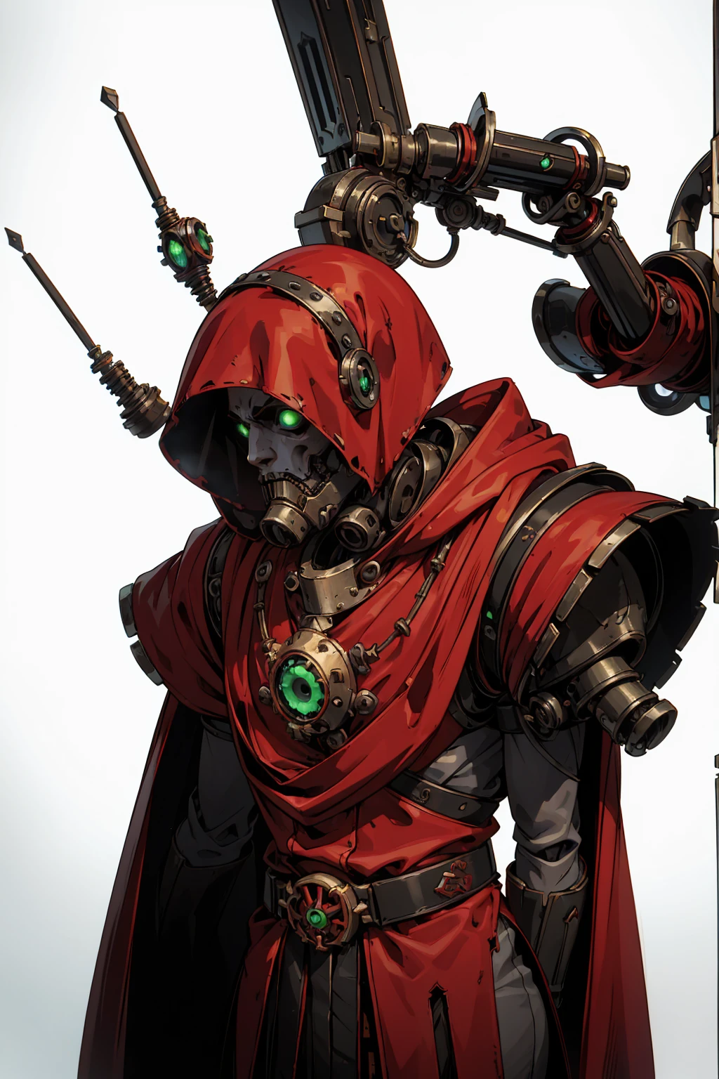 frontal view of an adeptus mechanicus robotic techno-priest, multiple arms, washed up red flowing modest ornate hooded techno-priest robes (made from black circuit board), face-covered, techno-mask, mechanical tentacle arm, mechanical green eyes, half skull, cogs, rust, dirty red robes, asymetrical body, respirator, massive backpak, 8k, lot of detail, grimdark, MechanicusStyleAI, (((((upper body portrait)), male, frontal view, plain white background, standing)))