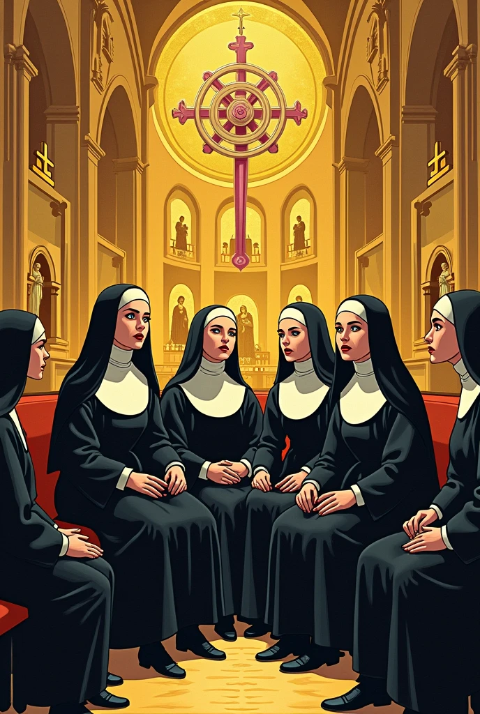 Dynamic shot, ((3 females)), A picture of 2 beautiful succubus dominating 1 sexy nun on a leash, ((2 demon females and a nun)), female domination, nun, demons, beautiful succubuses, horror, dark, sexy, rough domination, domination, nun on a leash, bdsm, golden chains,(golden leash), collar, beautiful bodies, slim, horror style, highly detailed faces, stockings, (silk lingerie, stockings), leather tight boots, camera from below, closeup