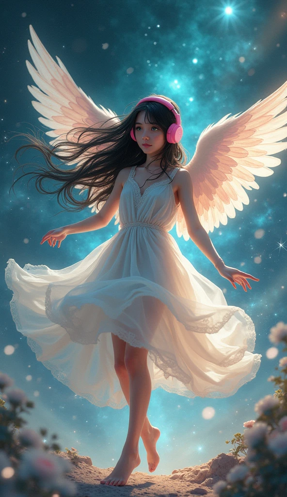 ((masterpiece, best quality, extremely detailed), volumetric lighting, ambient occlusion, colorful, glowing),
1girl, solo, light brown skin young girl, (black hair), long hair, halo, aura, sacred, godness, cyber suit with skirt, (blue outfit:1.3), android, bot, angel wings,
outdoors, sunset, sky, clouds, space, (cyberpunk theme:1.2),