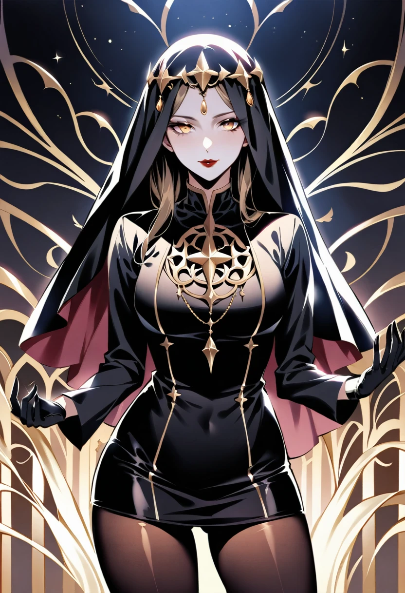 tarot card, 1girl, border, golden border, golden card, golden tarot card, blindfold, white blindfold, priest, holding staff, golden halo, thick robes, big breasts, thick thighs, cowboy shot, bust, thick multilayered dress, intricate details, intricately detailed, detailed border, red color, black color