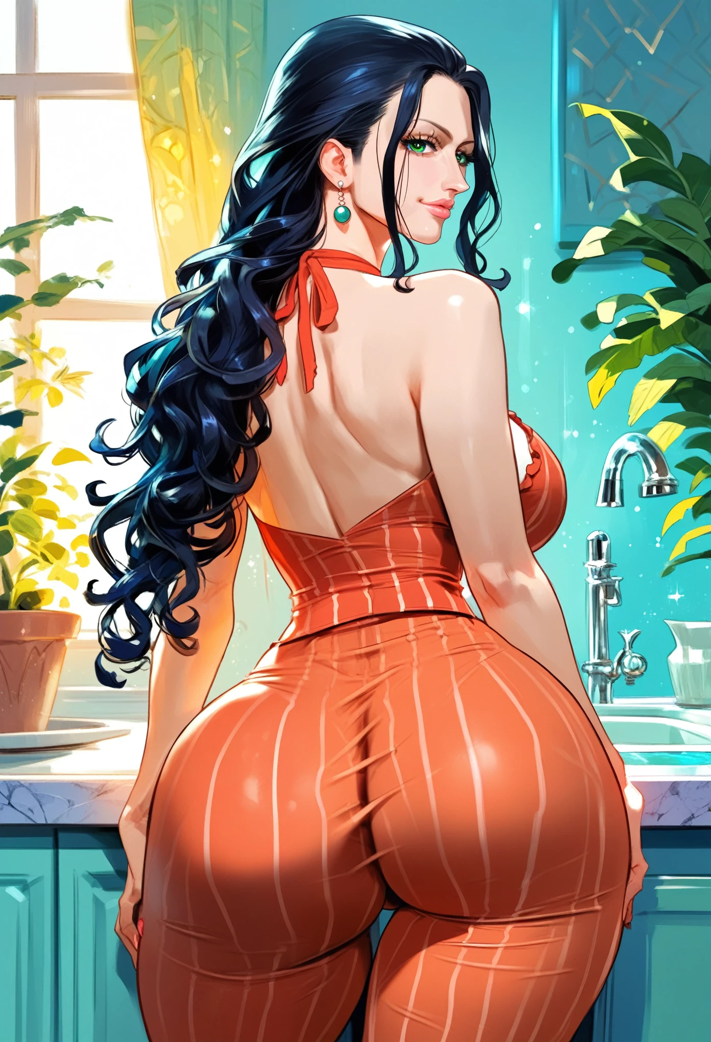 Masterpiece, raw, beautiful art, professional artist, 8k, very detailed face, very detailed hair, 1girl, Nico Robin wearing tight pajama shorts and tight pajama halter top, leaning her sexy ass against kitchen counter, perfectly drawn body, beautiful face, long hair, very detailed eyes, slutty face suggestively, rosey cheeks, intricate details in eyes, looking straight at viewer , in love with viewer expression, puckered lips, fat ass,