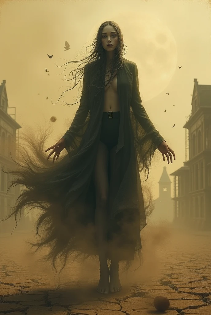 Wild woman in simple knee-length hippie dress, wearing a black hooded robe, your hair comes out in front. She has greenish-yellow eyes and sharp wolf claws. Standing looking at the city at night on top of the building.