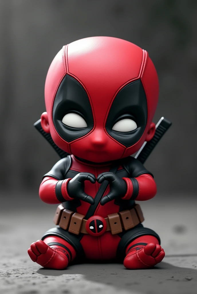 Create a cute baby Deadpool image with cute glowing eyes like shrek's cat