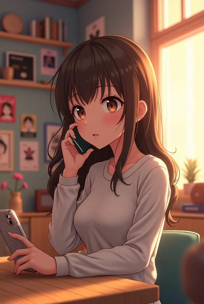 Anime girl, 1 girl image, 9:, crying, talking on phone call,  sit on the chair with study material 