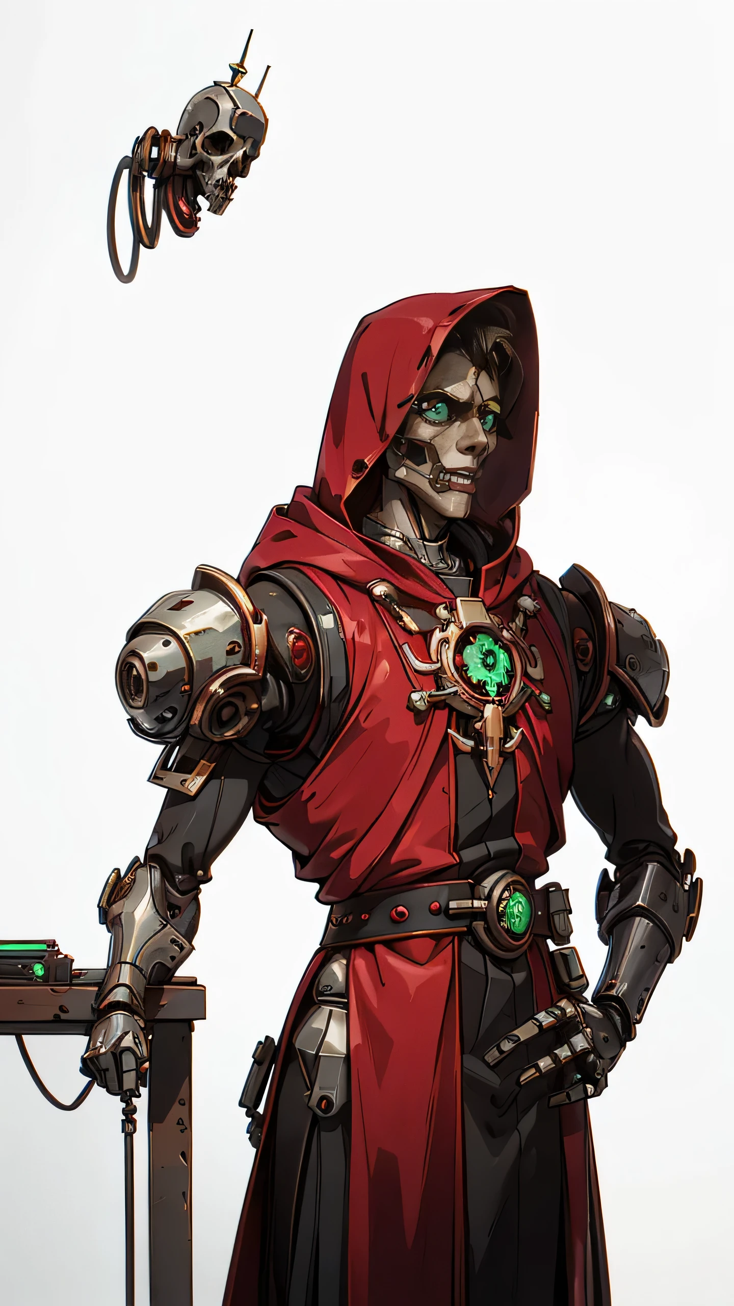 single male person, frontal view of an adeptus mechanicus robotic techno-priest, multiple arms, washed up red flowing modest ornate hooded techno-priest robes (made from black circuit board), face-covered, techno-mask, mechanical tentacle arm, mechanical green eyes, half skull, cogs, rust, dirty red robes, asymetrical body, respirator, massive backpak, 8k, lot of detail, grimdark, MechanicusStyleAI, (((((upper body portrait)), male, frontal view, plain white background, standing)))