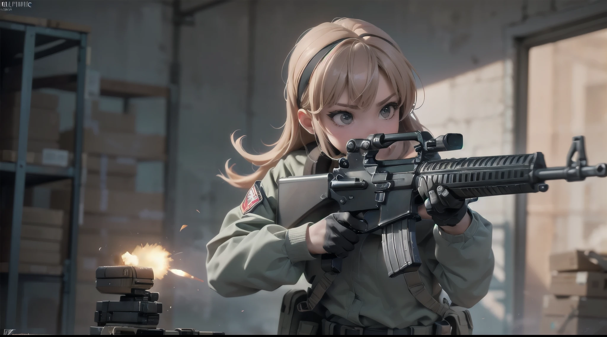 (masterpiece1.4), (best quality), 8K, 1girl, goggles, aiming, (assault rifle:1.1, muzzle flash), At the warehouse, Dynamic entries, Cinematic action, high quality, Ultra-detailed