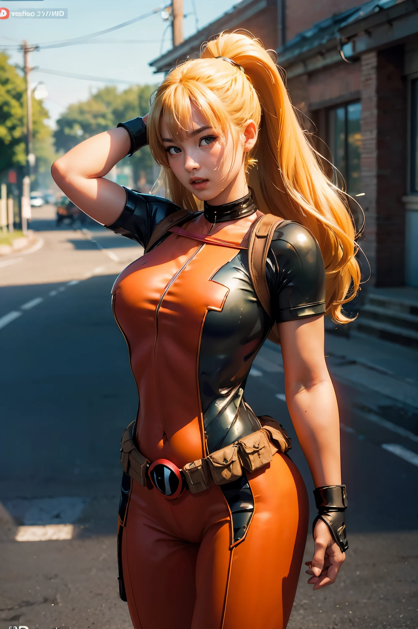 (((3d,CGI))) “cartoon art-style” realistic portrait of a sexy and busty female superhero character in the style of Deadpool, I have blonde hair., Wear tight clothing., holding a sword, Pose seductively and confidently, It is large, good figure., (best quality,4K,8ก,height,Masterpiece:1.2),Very detailed,(realistic,photorealistic,photo-realistic:1.37),Very detailed,Beautifully detailed eyes,Beautifully detailed lips,ดวงตาและใบหน้าที่มีรายVery detailed,Long eyelashes,Intricate costume details,dynamic light,Stunning shadow,bright colors,movie elements, waliking on the road, (((plump body)))