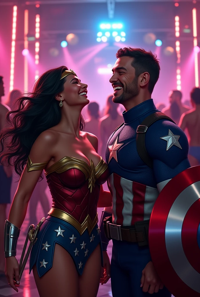 Wonder woman, realistic, big breasts, full body, microphone & Young Star-lord with red hoodie, headphones, Star-lord helmet, rocket boots, gas helmet, covered face, round red eyes, front cover, touching the Dj, party, round eyes, free air, fly in the sky.