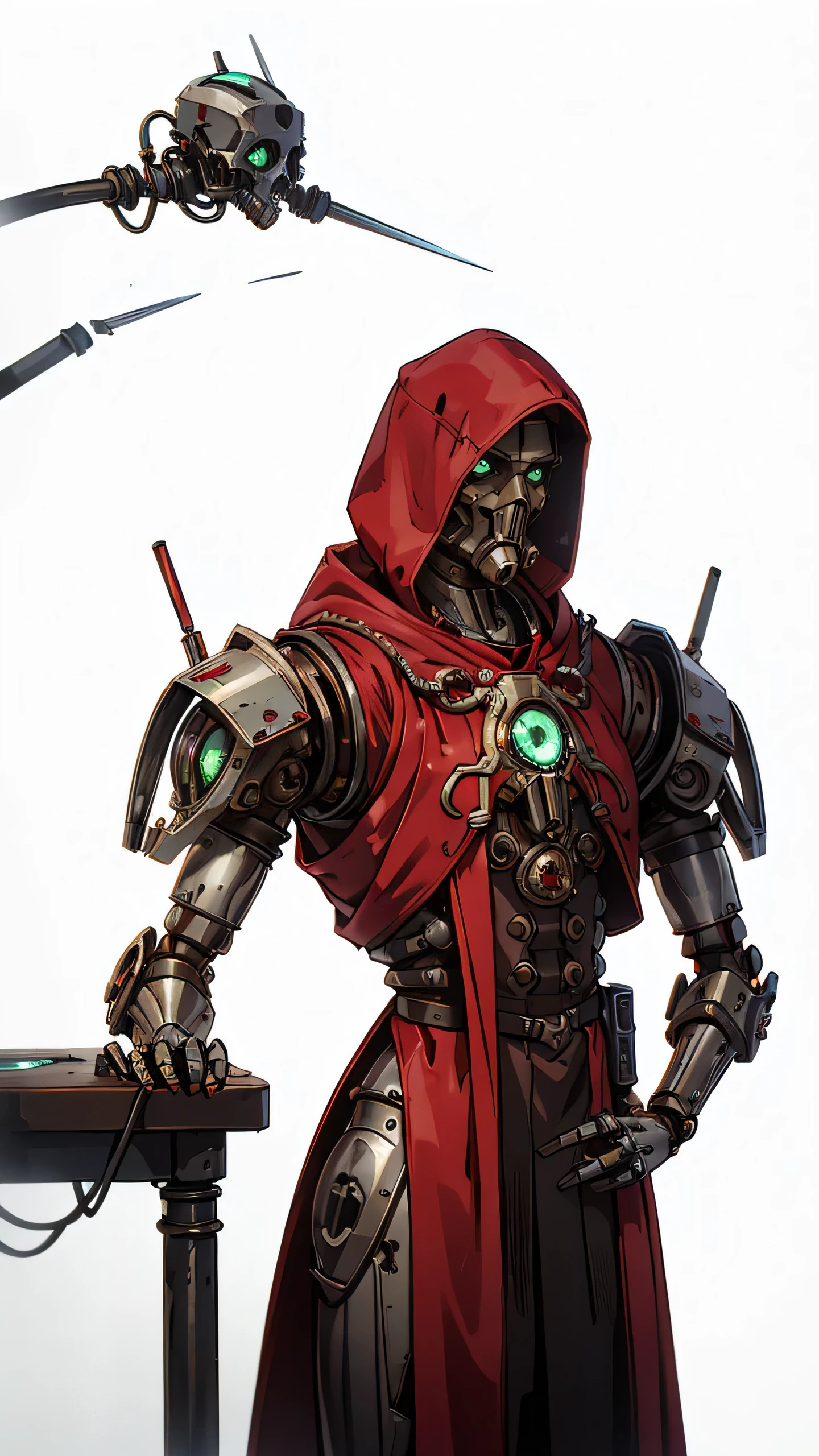 single male person, frontal view of an adeptus mechanicus robotic techno-priest, multiple arms, washed up red flowing modest ornate hooded techno-priest robes (made from black circuit board), face-covered, techno-mask, mechanical tentacle arm, mechanical green eyes, half skull, cogs, rust, dirty red robes, asymetrical body, respirator, massive backpak, 8k, lot of detail, grimdark, MechanicusStyleAI, (((((upper body portrait)), male, frontal view, plain white background, standing)))