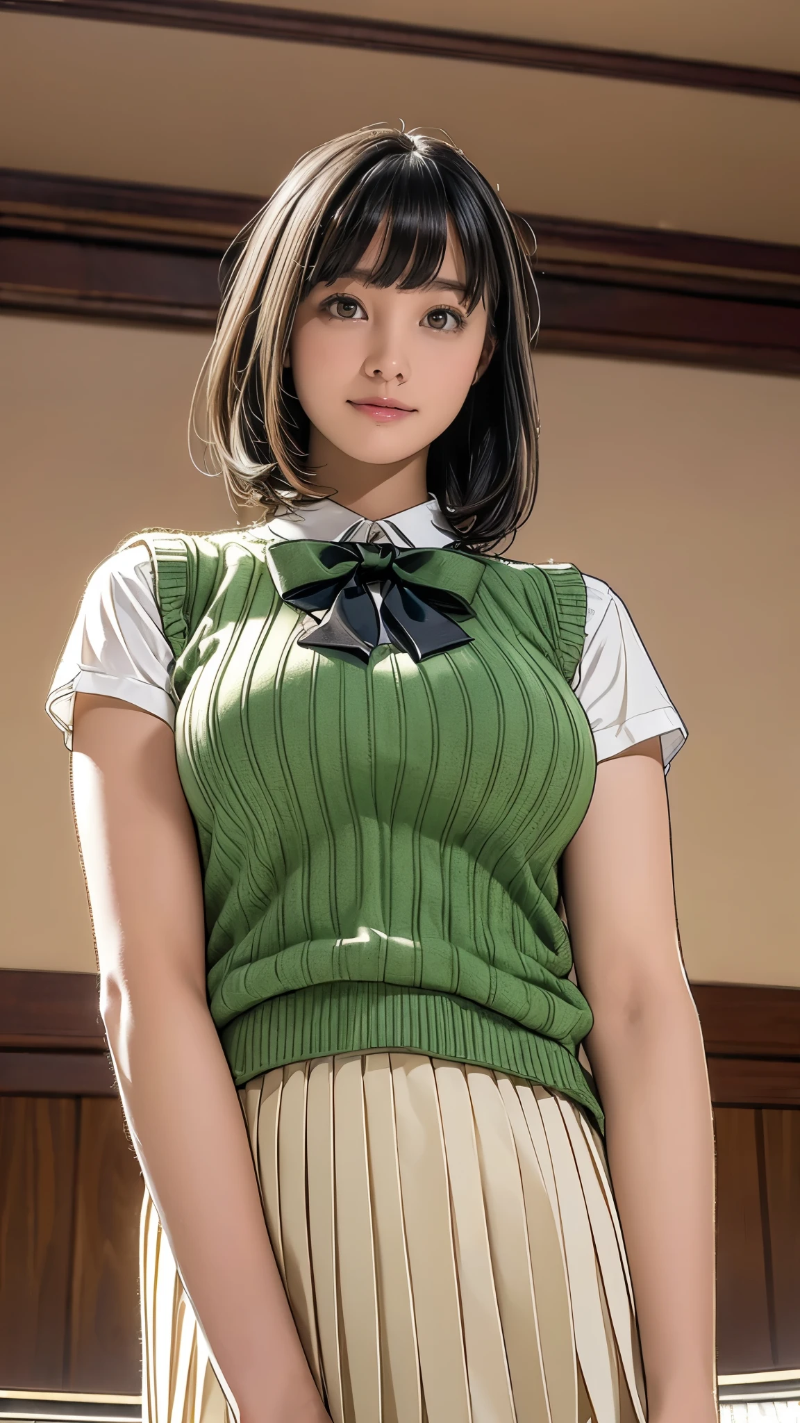 (she is arms up:1.3),black eyes ,glamorous body,Her height is 150cm,UHD, anatomically correct, super detail, high details, best quality, 8k , depth of field,1 female,(straight short hair:1.3),(large breast,cleavage),(student costume:1.4),eye shadow,bed