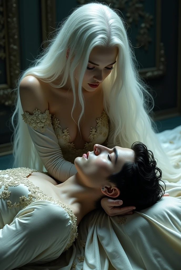(masterpiece, 8K, UHD, RAW), A sexy blonde girl kissing a evil vampire in bed, (((a beautiful young woman riding on top of one huge horrific vampire))), (she rides the male vampire with lustful femininity), her beautiful body is covered by a sheer translucent white lace bra with Art Nouveau embroidery, big sexy perky breasts, her pristine delicate features contrasts with the horrendous menacing fangs of the corrupted male vampire, full body vibrant illustrations, intricately sculpted, realistic hyper-detailed portraits, queencore, depicts real life, the scene happens in a luxurious Art Nouveau boudoir with studio illumination, red and teal silk satin