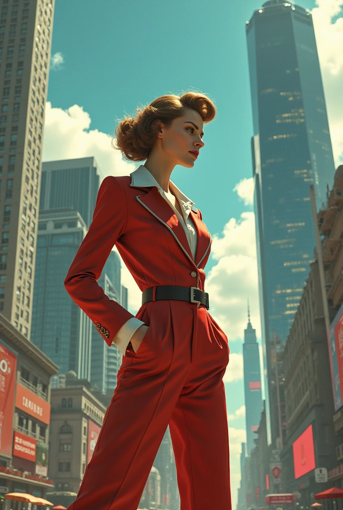 A beautiful red-haired woman with flapping hair and gigantic breasts wearing only a short wide-open overcoat and some jewels looks down from New York in the future USA's tallest building.