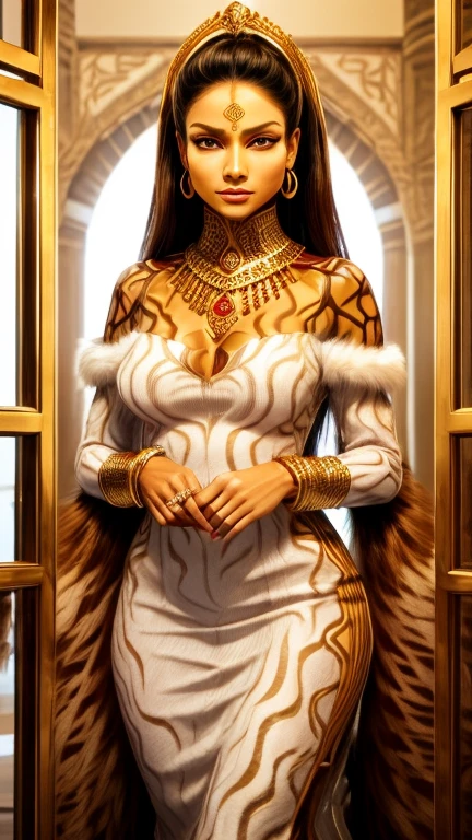 woman with brown skin,With stripes like a tiger on the skin, red eyes Completely covered in a furry white tribal Mesh dress, best quality, perfect face (Arabic clothes and golden jewelry) Holding Portals in her Hand